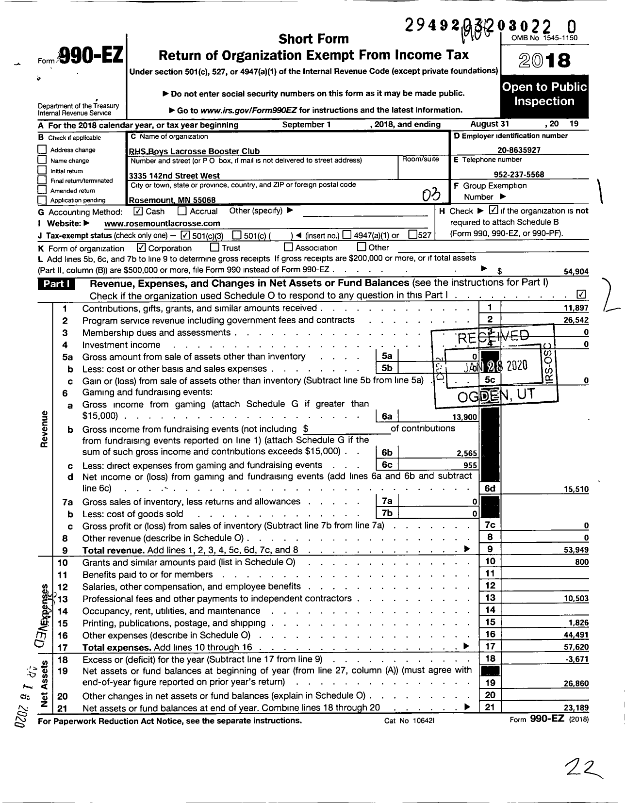 Image of first page of 2018 Form 990EZ for RHS Boys Lacrosse Booster Club