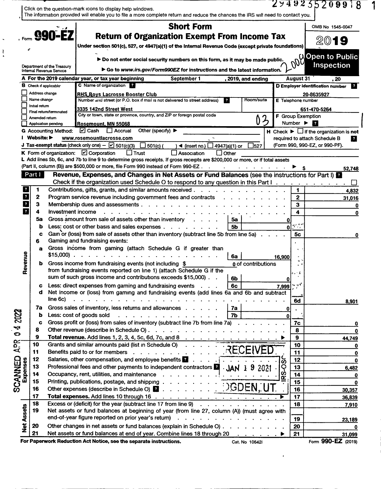 Image of first page of 2019 Form 990EZ for RHS Boys Lacrosse Booster Club