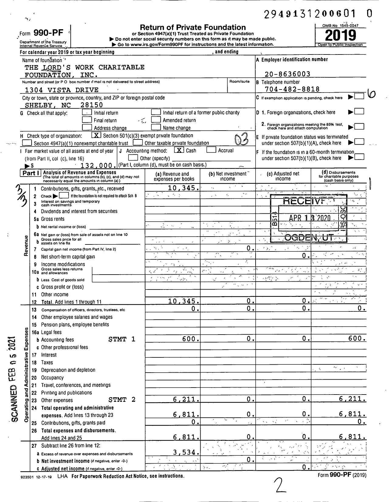 Image of first page of 2019 Form 990PF for The Lord's Work Charitable Foundation