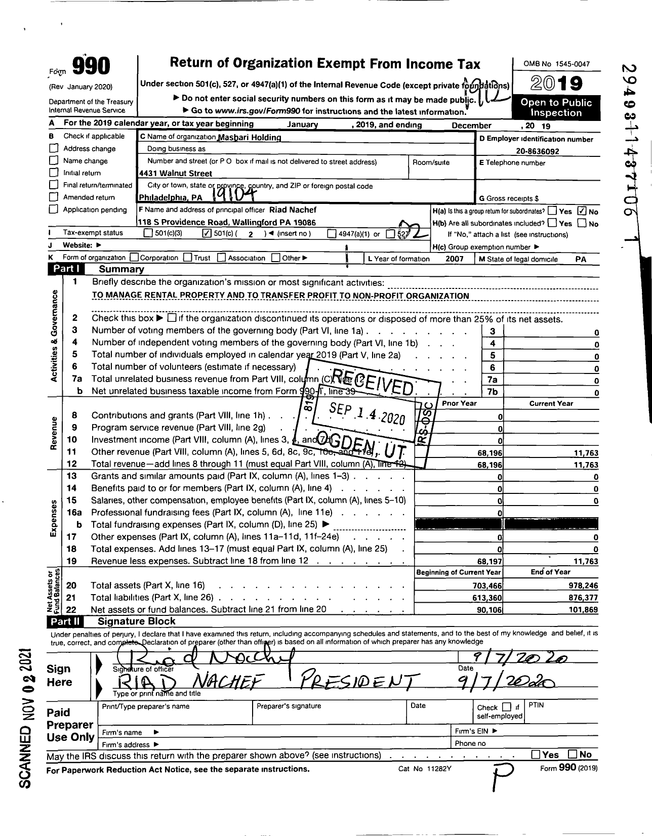 Image of first page of 2019 Form 990O for Mashari Holding