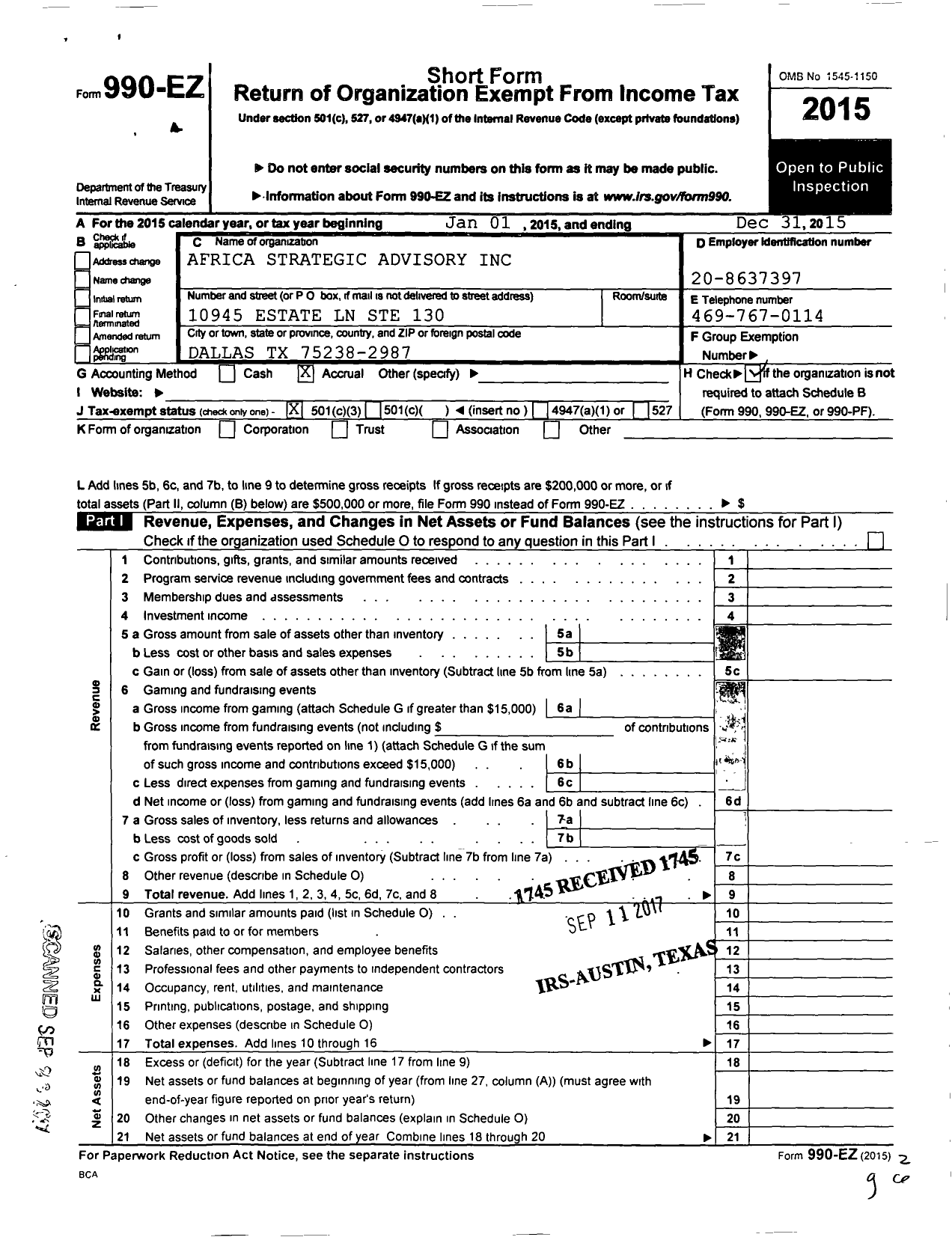 Image of first page of 2015 Form 990EZ for Africa Strategic Advisory