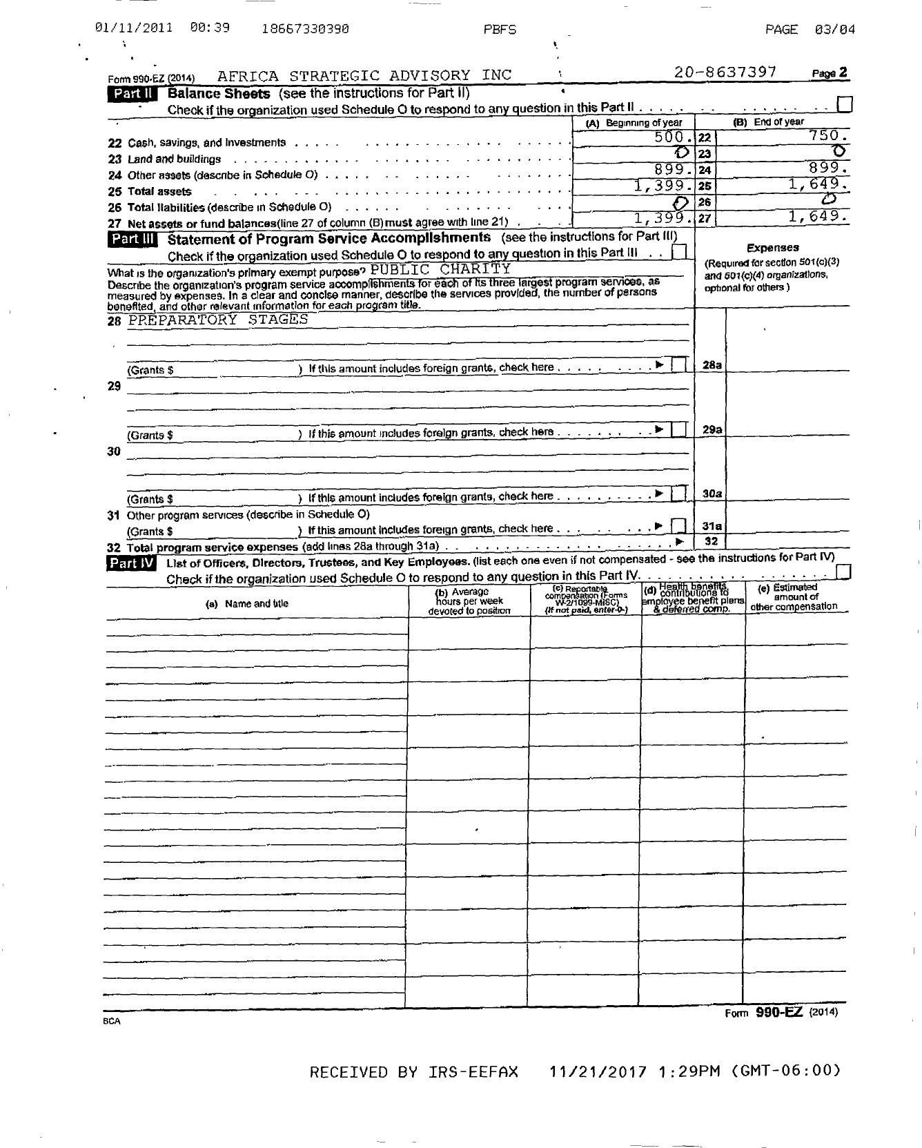 Image of first page of 2014 Form 990ER for Africa Strategic Advisory