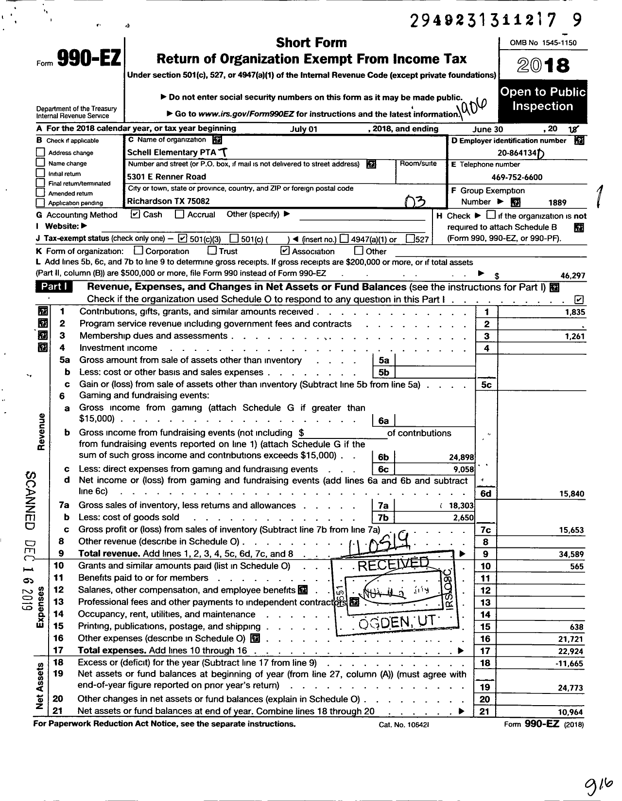 Image of first page of 2018 Form 990EZ for Texas PTA - 11765 Schell Elementary PTA