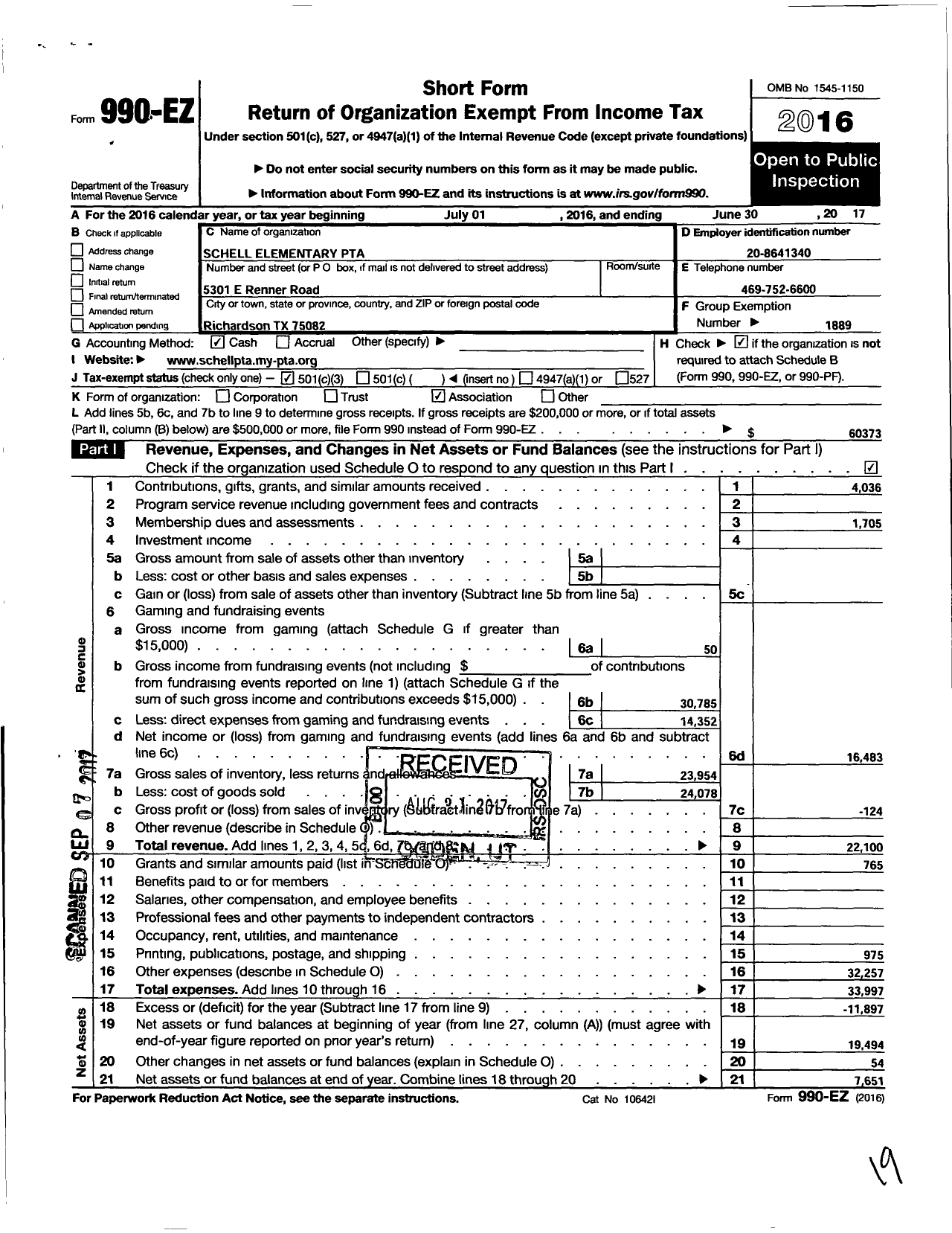 Image of first page of 2016 Form 990EZ for Texas PTA - 11765 Schell Elementary PTA