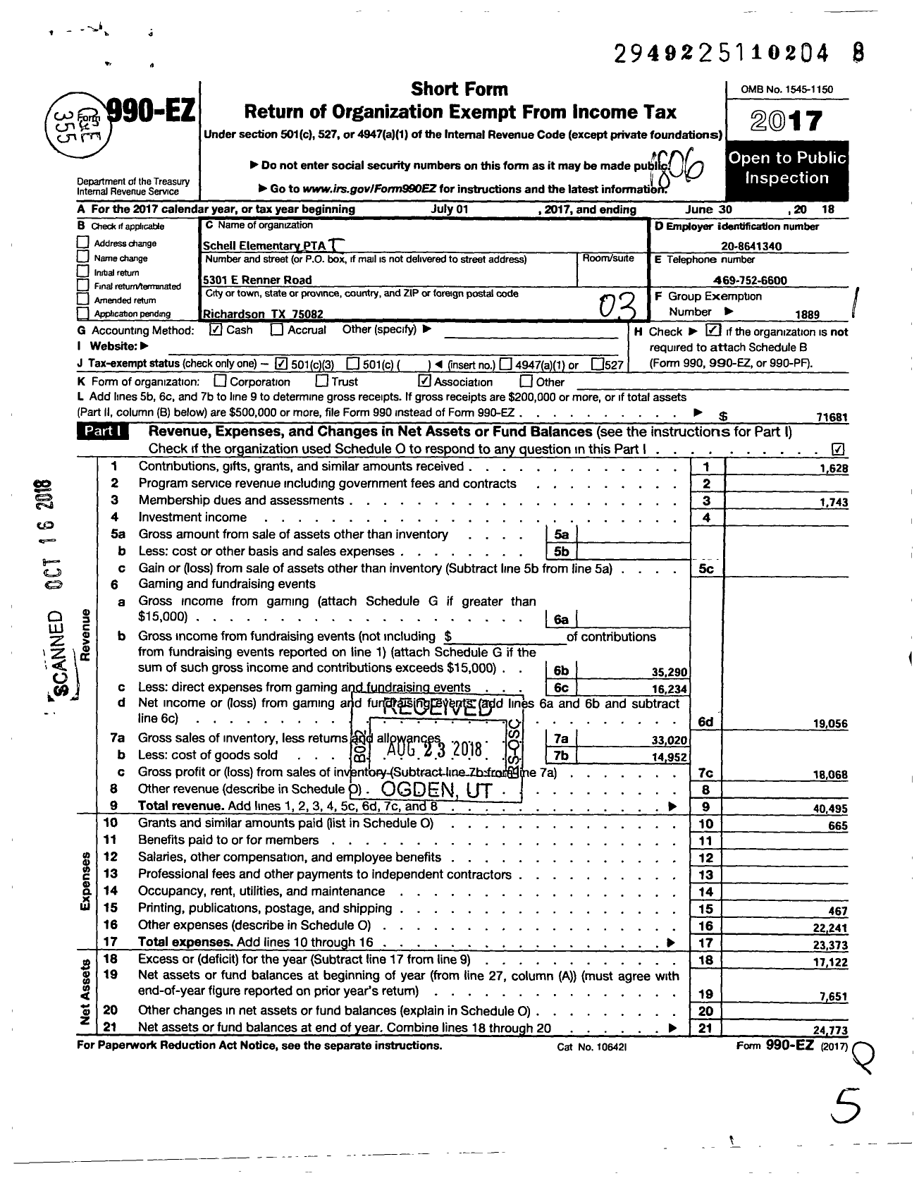 Image of first page of 2017 Form 990EZ for Texas PTA - 11765 Schell Elementary PTA