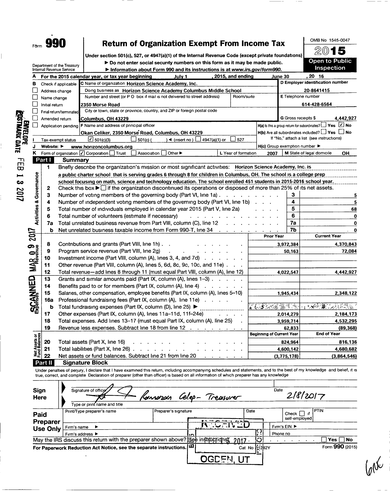 Image of first page of 2015 Form 990 for Middle School