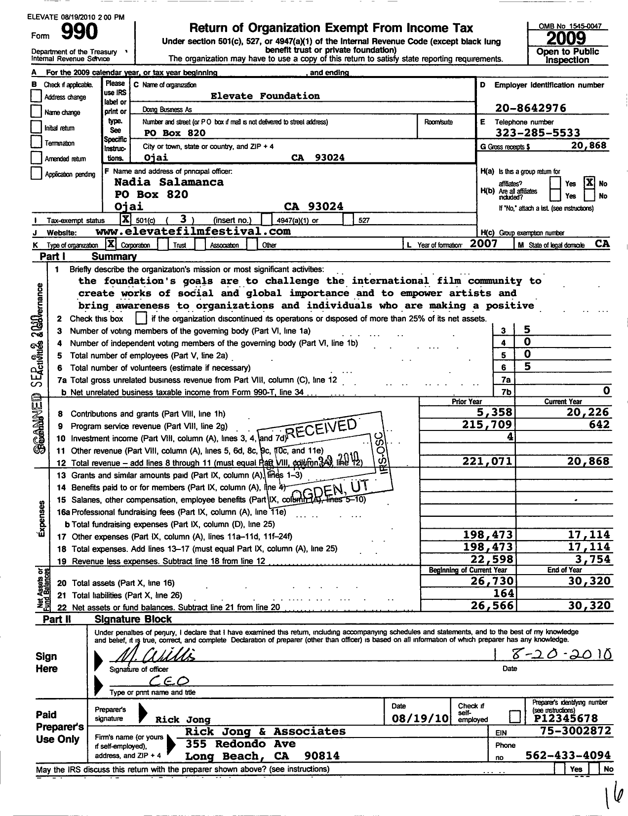 Image of first page of 2009 Form 990 for Elevate Foundation