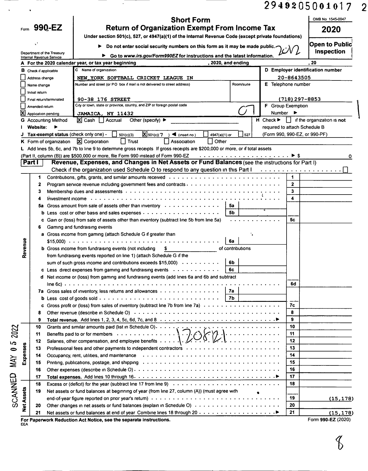 Image of first page of 2020 Form 990EO for New York Softball Cricket League in