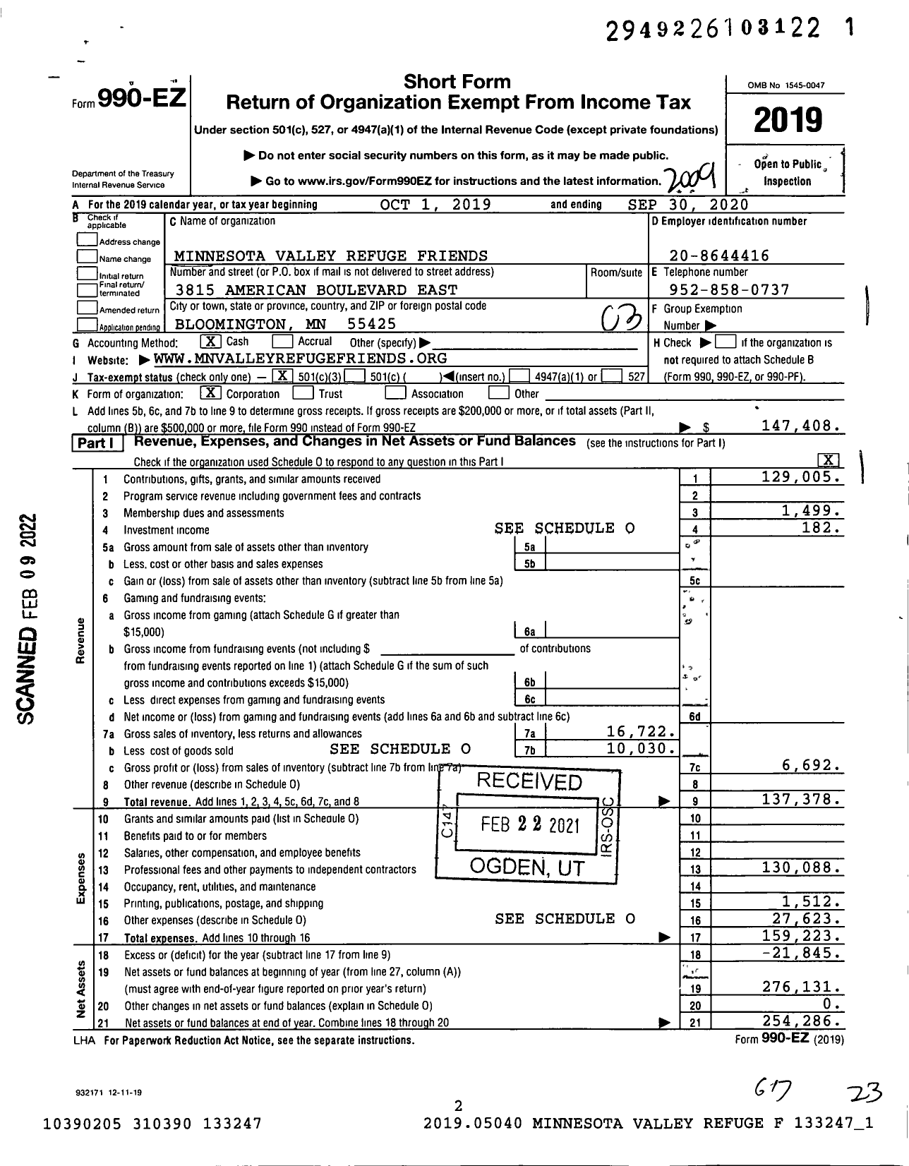 Image of first page of 2019 Form 990EZ for Minnesota Valley Refuge Friends