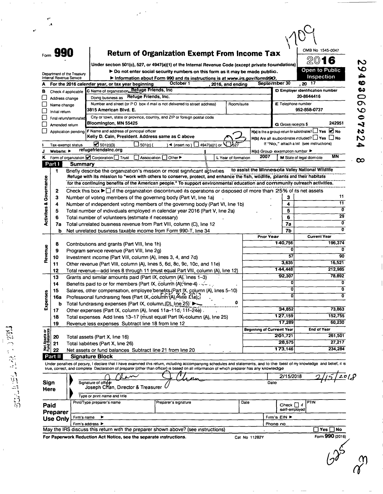 Image of first page of 2016 Form 990 for Minnesota Valley Refuge Friends