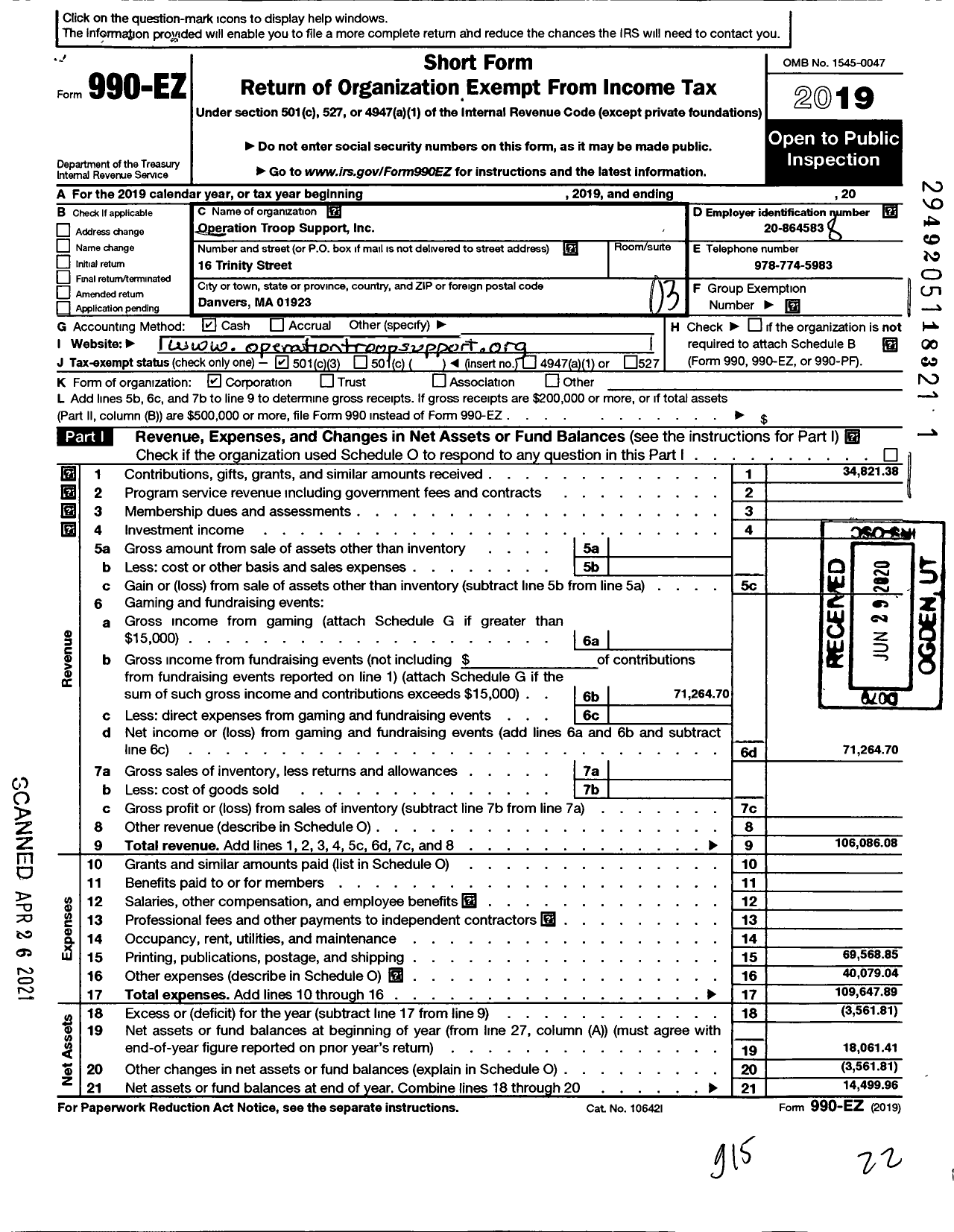 Image of first page of 2019 Form 990EZ for Operation Troop Support