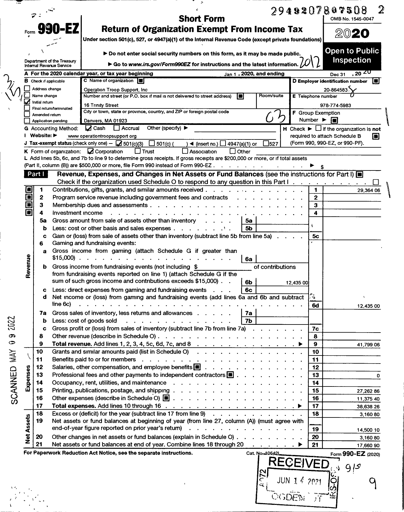 Image of first page of 2020 Form 990EZ for Operation Troop Support