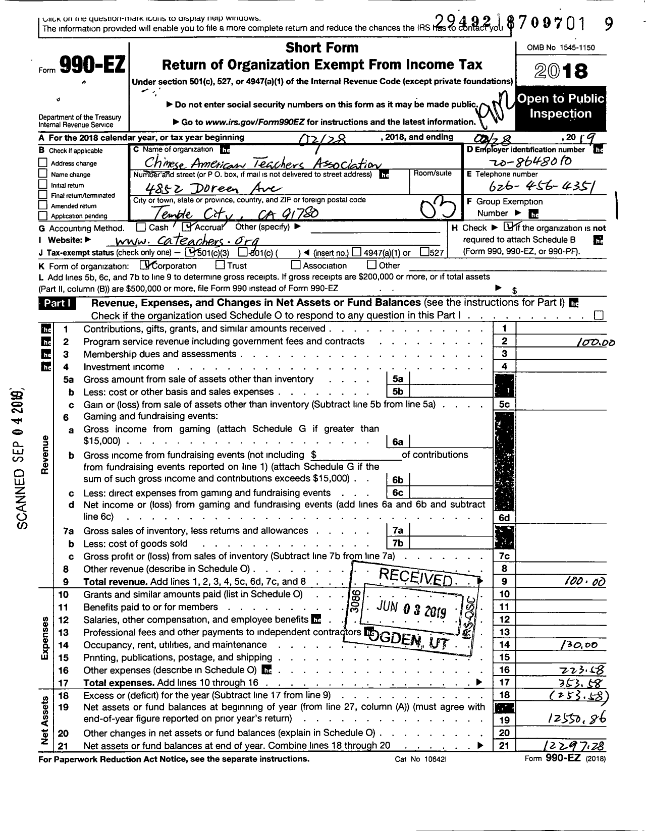 Image of first page of 2018 Form 990EZ for Chinese American Teachersassociation