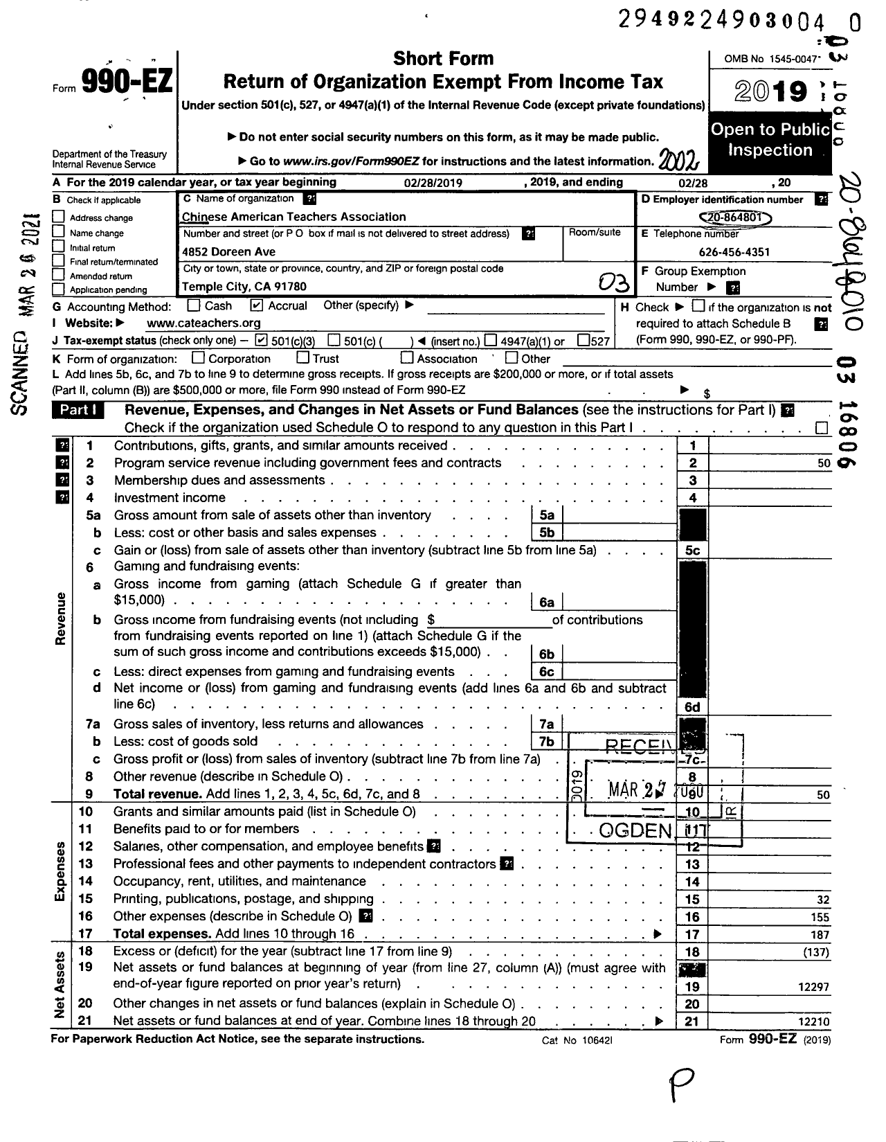 Image of first page of 2019 Form 990EZ for Chinese American Teachersassociation