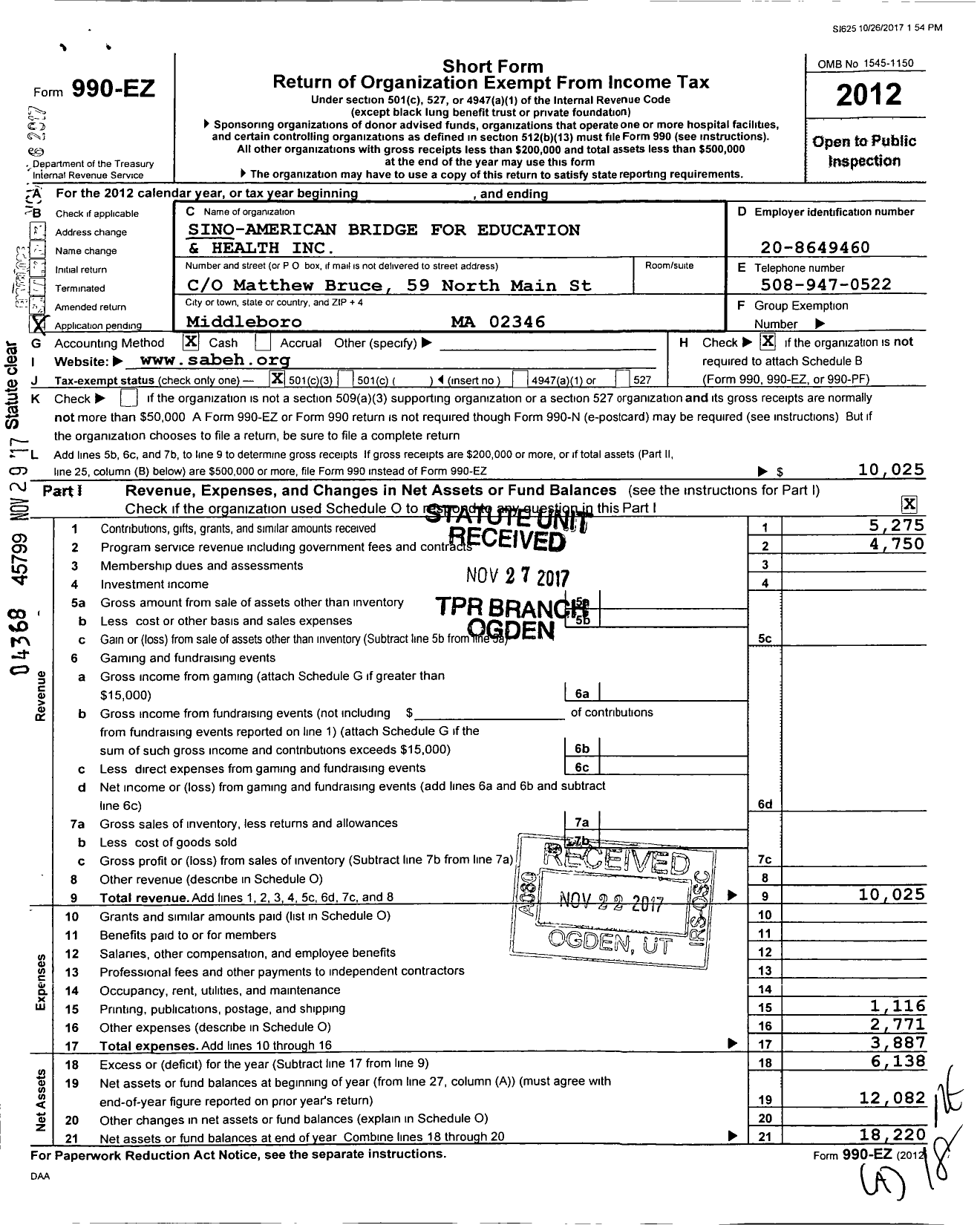 Image of first page of 2012 Form 990EZ for Sino-American Bridge for Education and Health