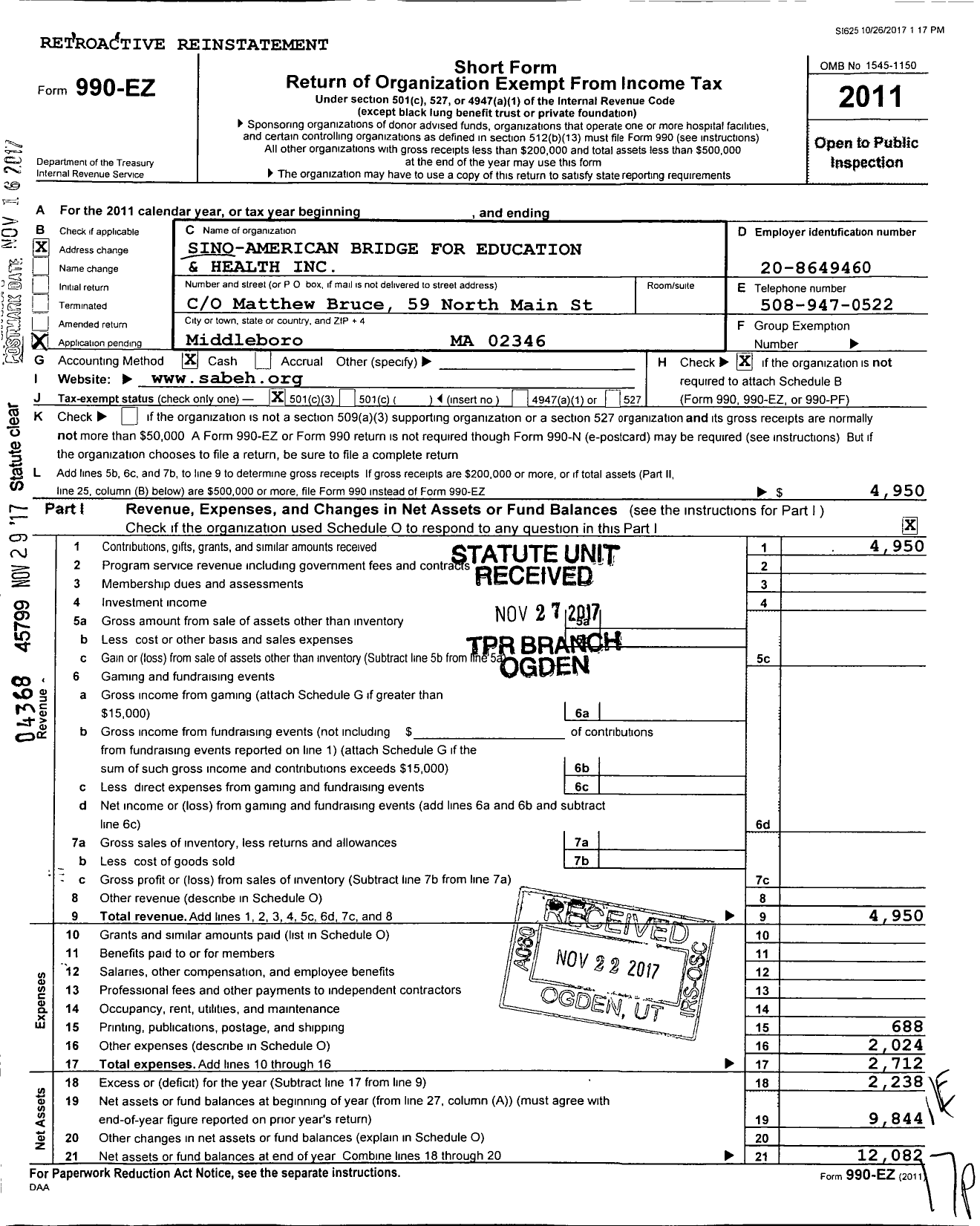 Image of first page of 2011 Form 990EZ for Sino-American Bridge for Education and Health