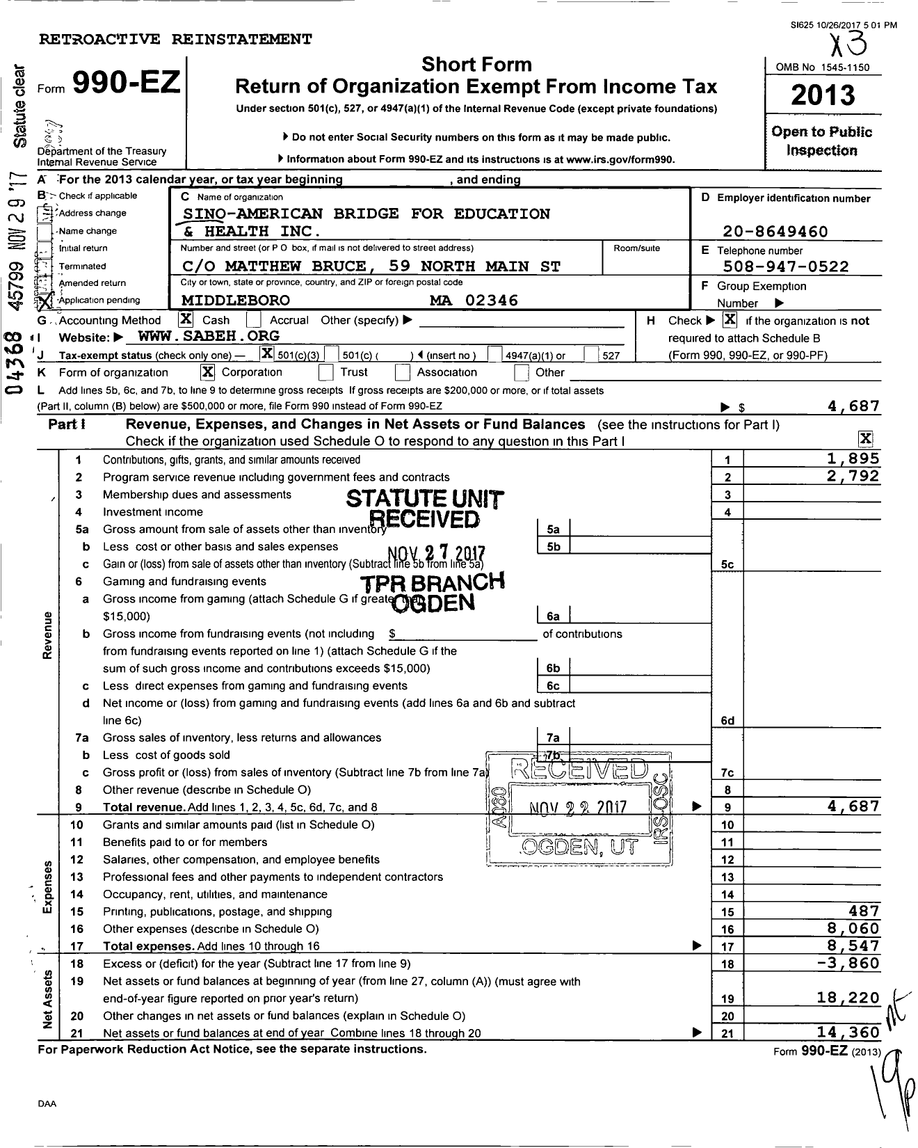 Image of first page of 2013 Form 990EZ for Sino-American Bridge for Education and Health