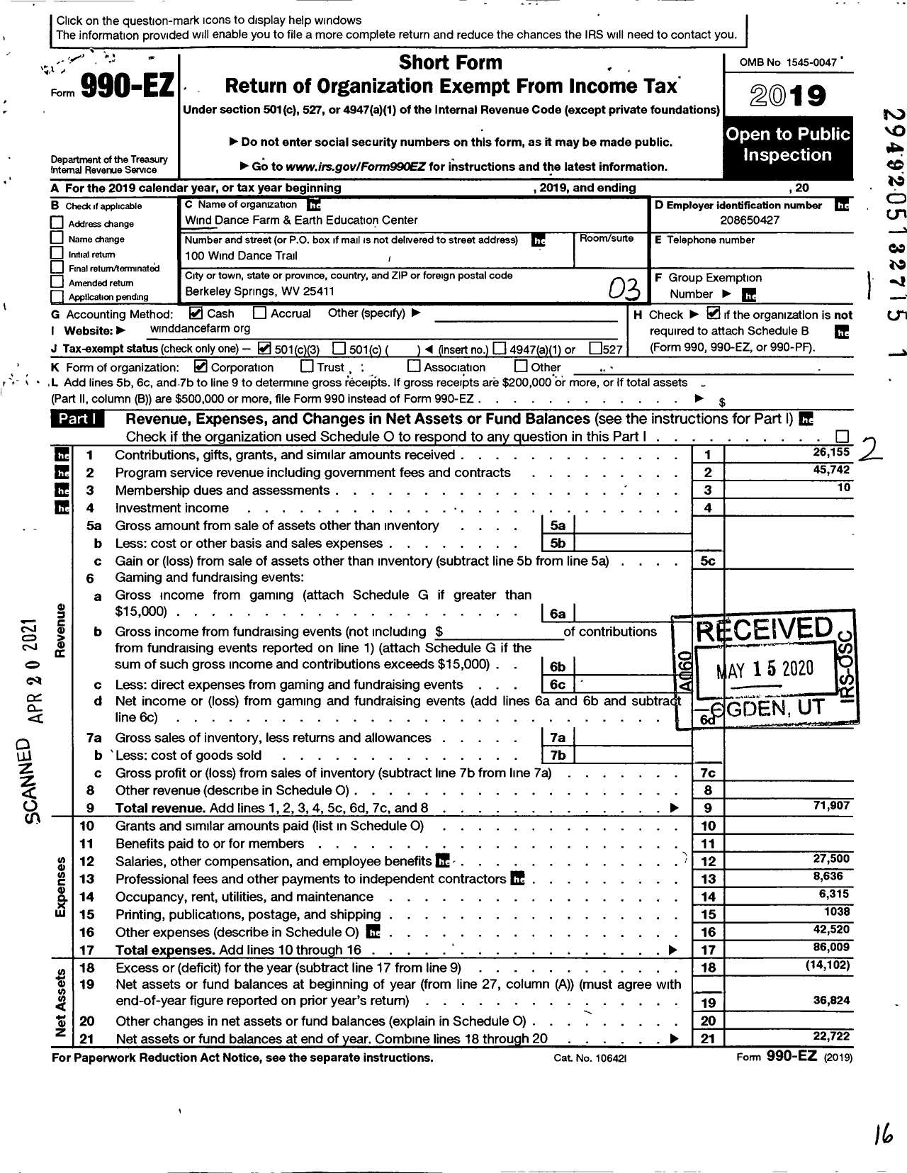 Image of first page of 2019 Form 990EZ for Wind Dance Farm and Earth Educationcenter