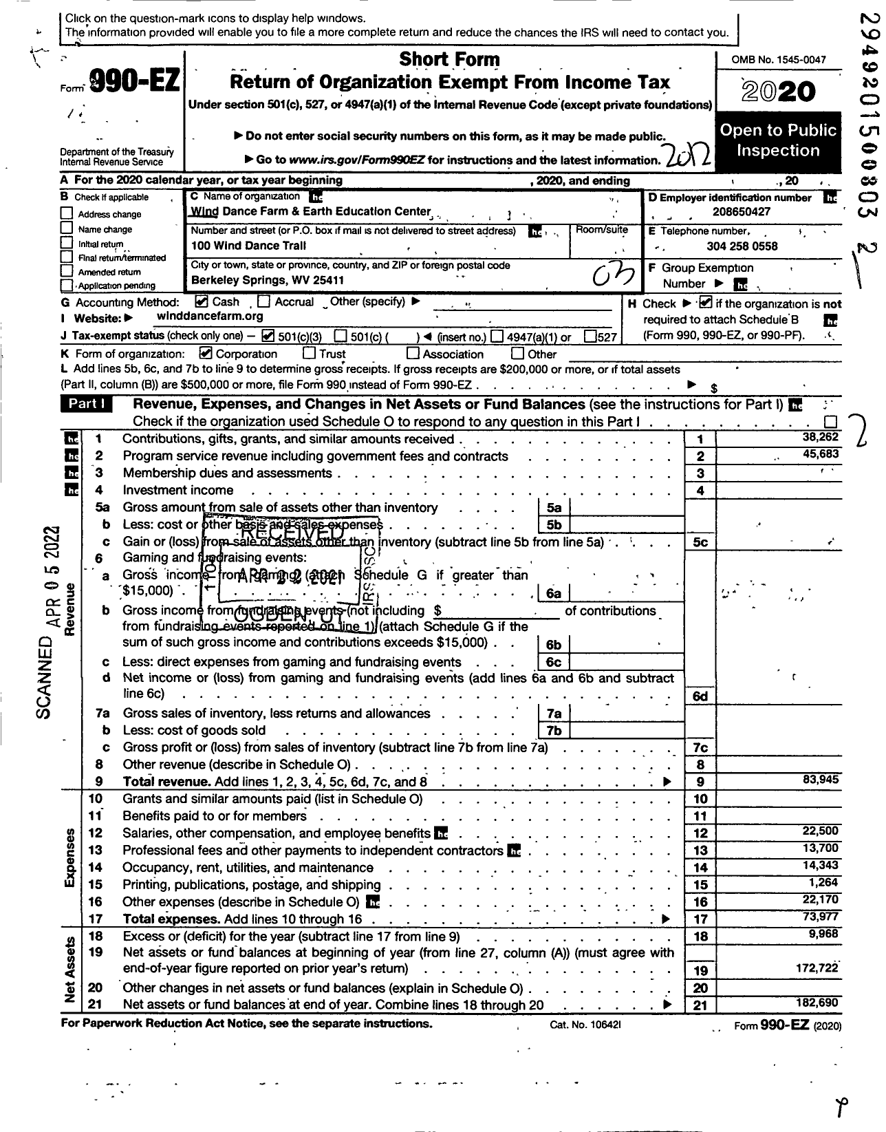 Image of first page of 2020 Form 990EZ for Wind Dance Farm and Earth Educationcenter