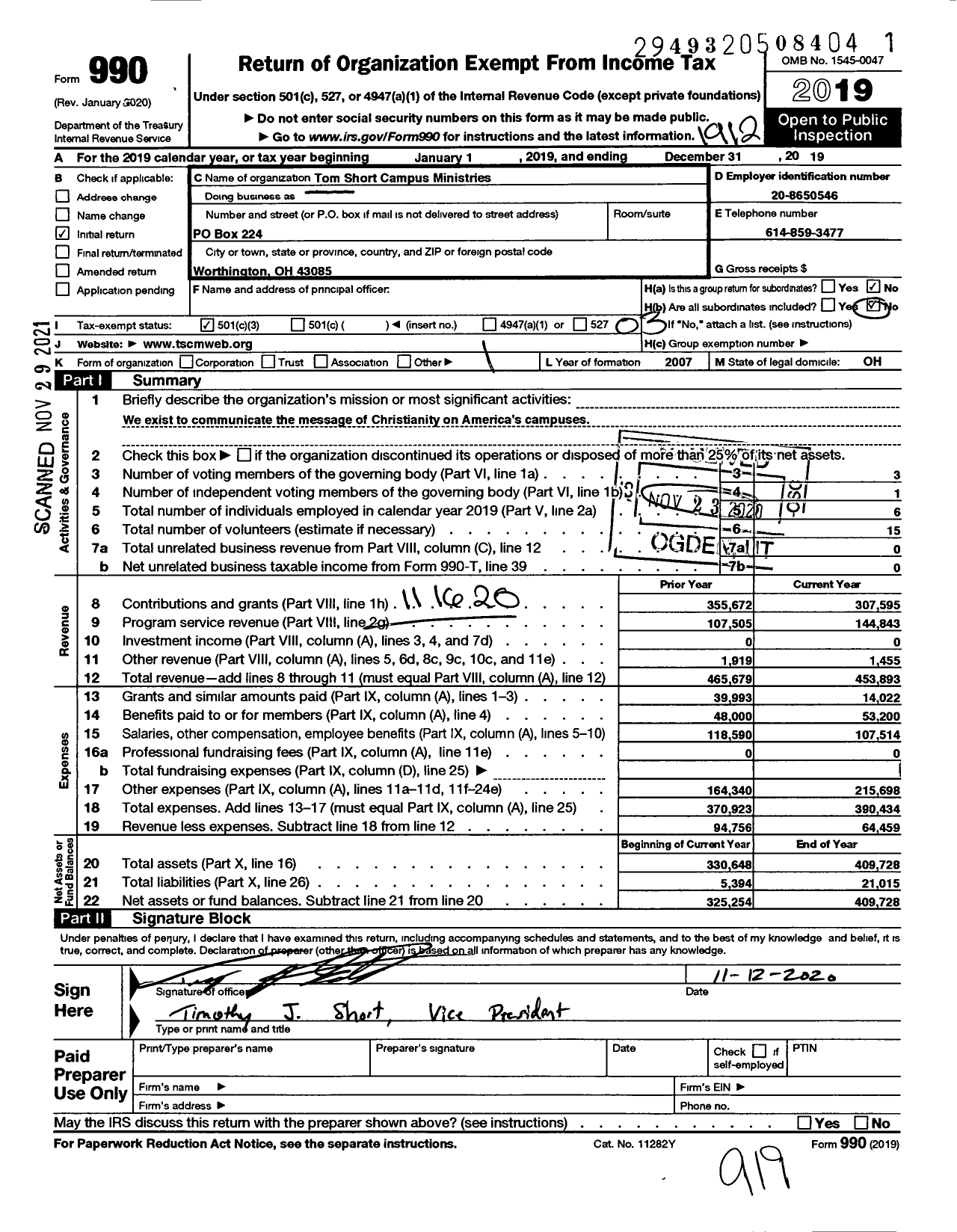 Image of first page of 2019 Form 990 for Tom Short Campus Ministries