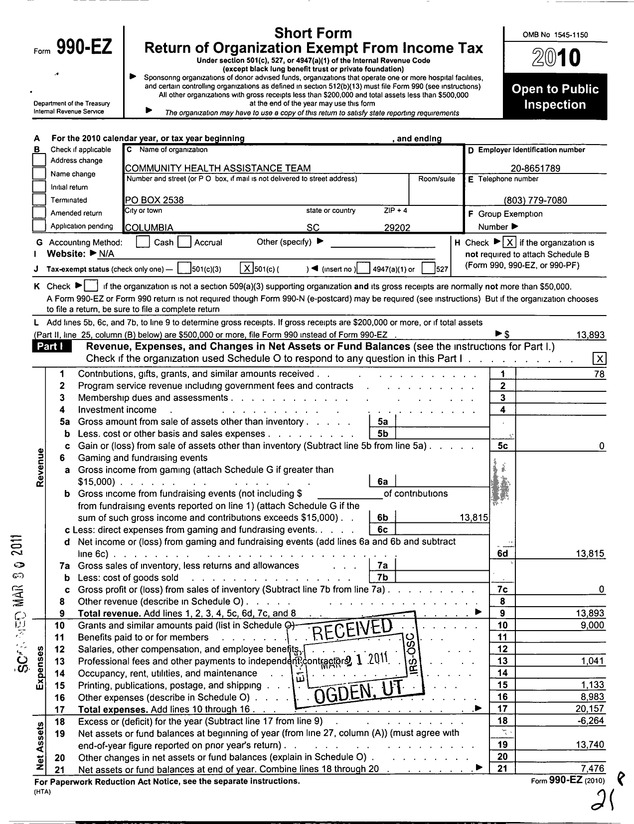 Image of first page of 2010 Form 990EO for Community Health Assistance Team