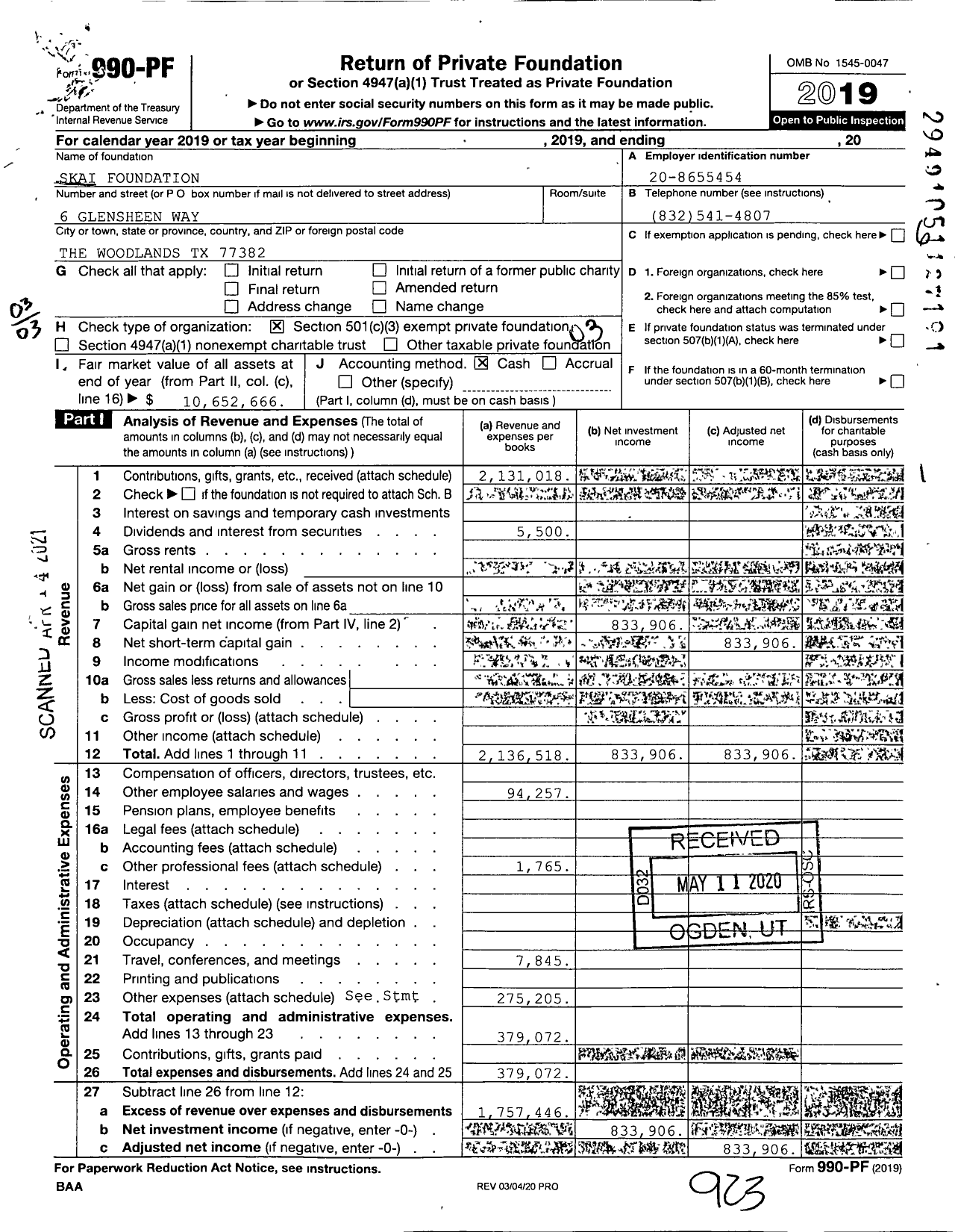 Image of first page of 2019 Form 990PF for Skai Foundation