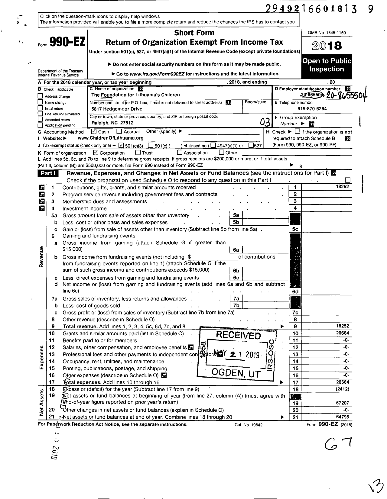 Image of first page of 2018 Form 990EZ for Foundation for Lithuanias Children