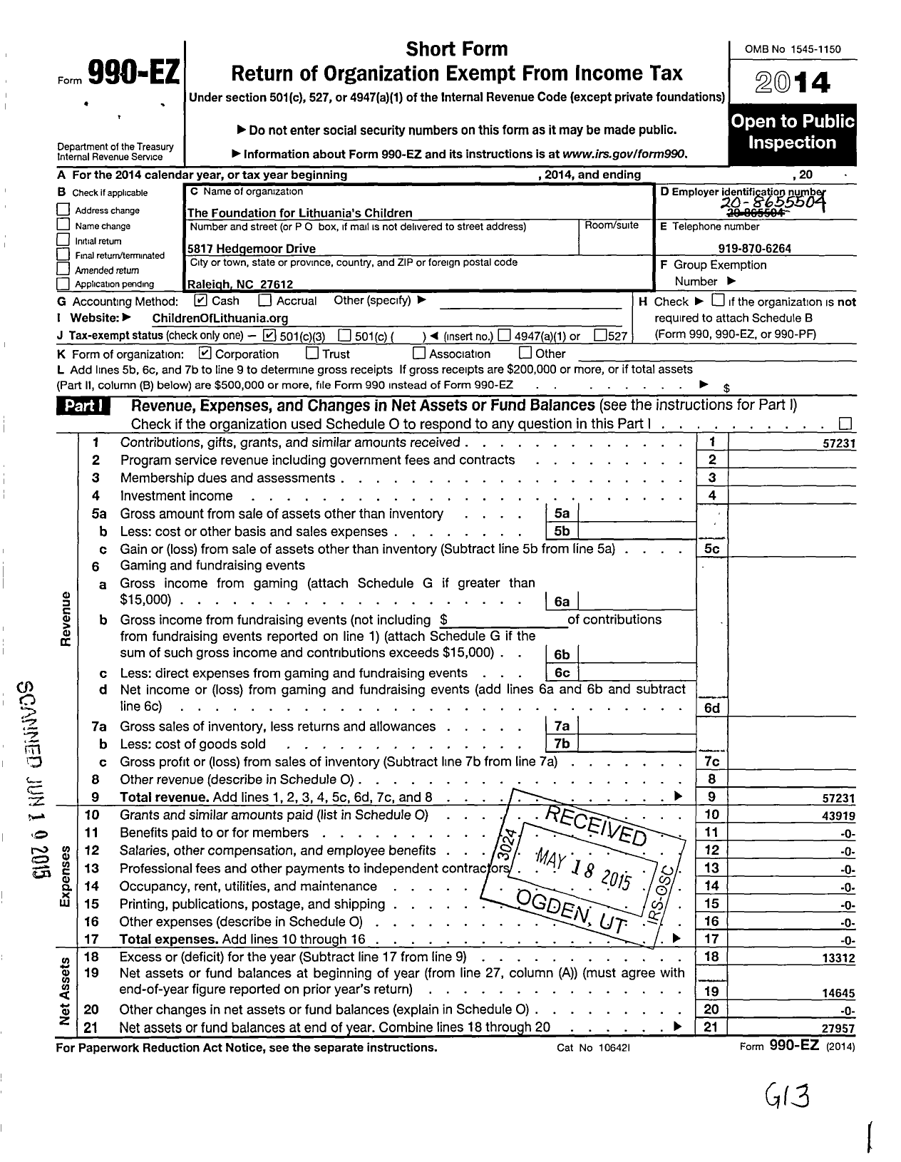 Image of first page of 2014 Form 990EZ for Foundation for Lithuanias Children