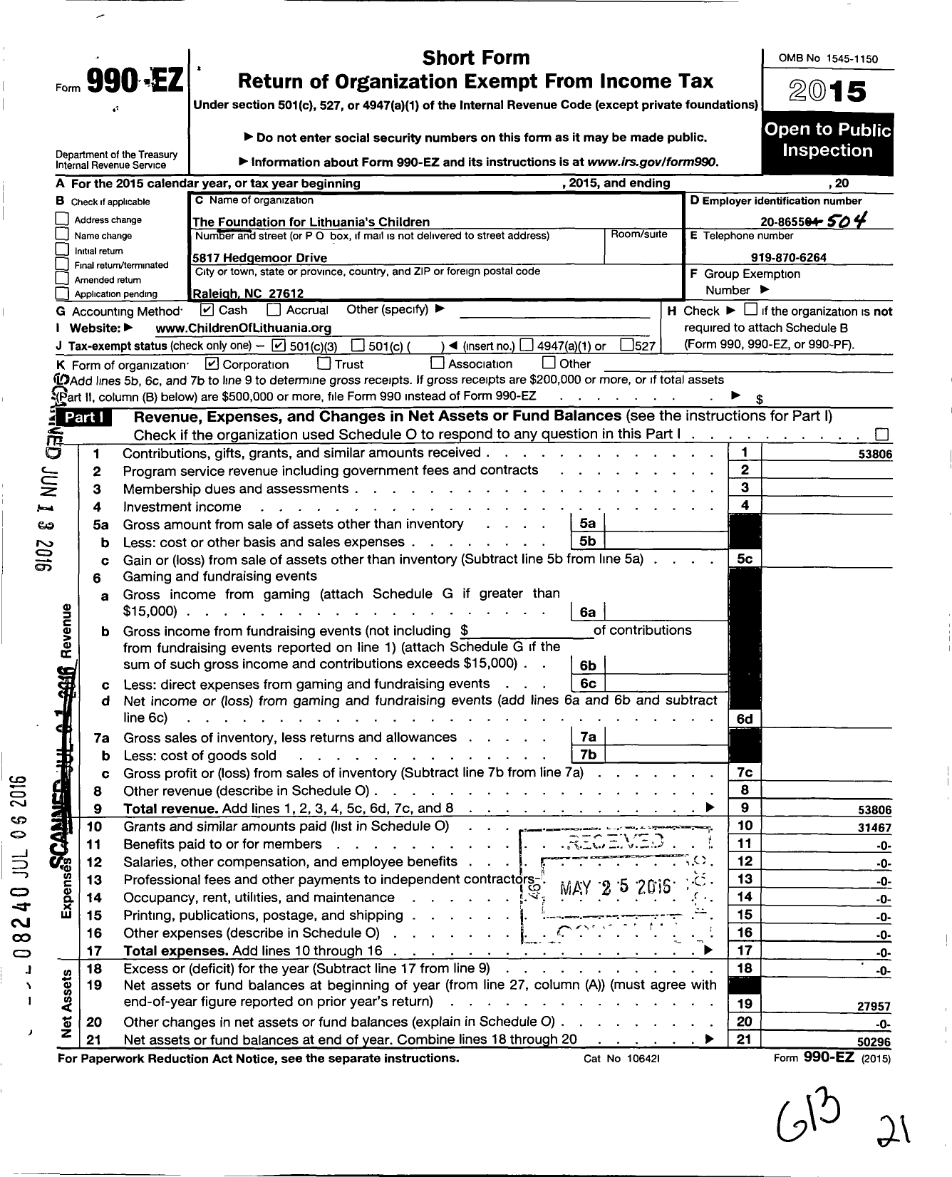 Image of first page of 2015 Form 990EZ for Foundation for Lithuanias Children