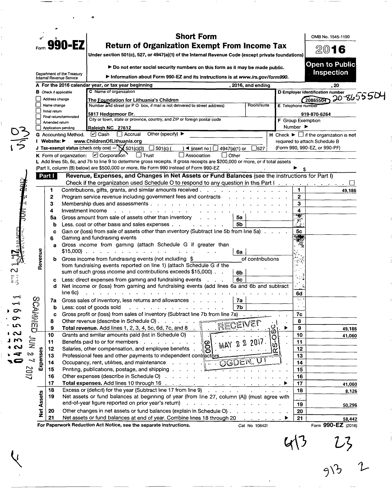 Image of first page of 2016 Form 990EZ for Foundation for Lithuanias Children