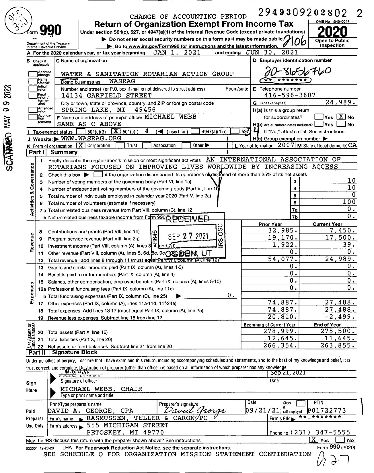 Image of first page of 2020 Form 990O for Water Sanitation and Hygiene Rotary Action Group