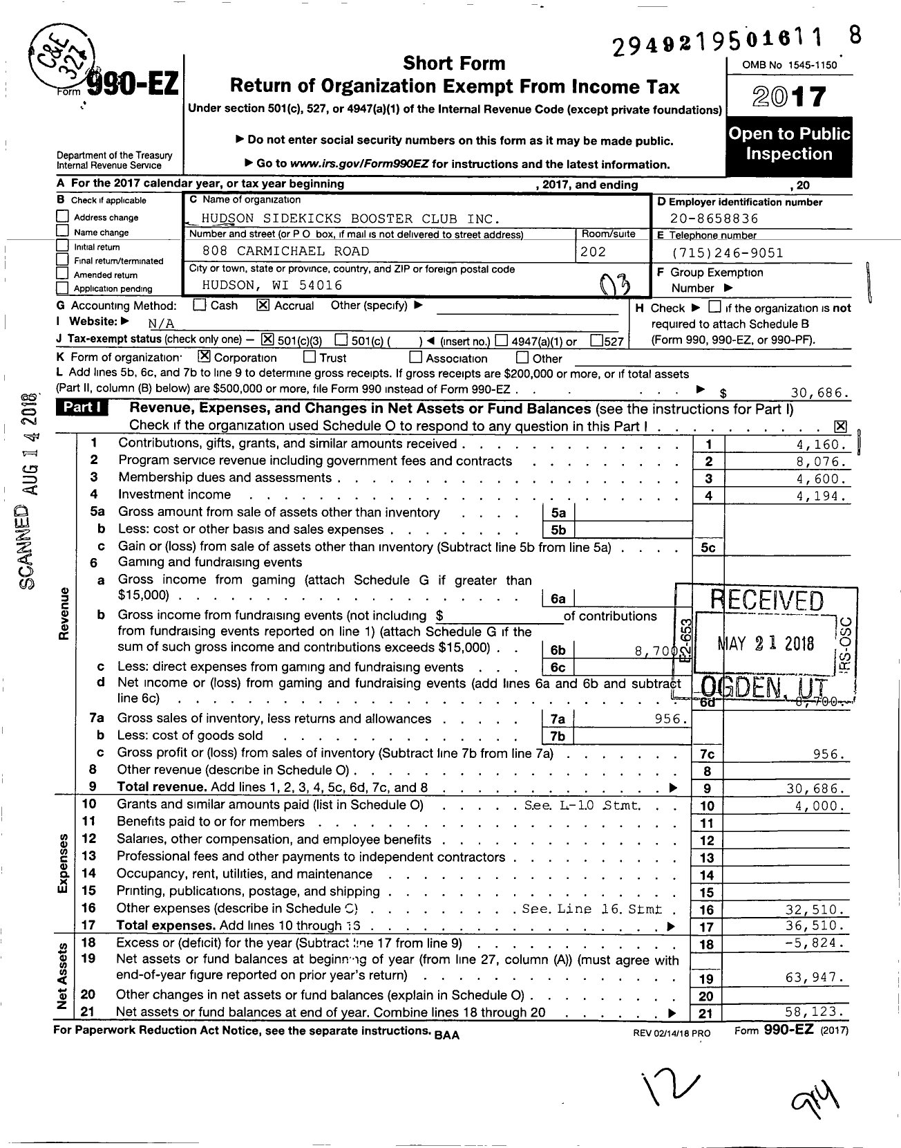 Image of first page of 2017 Form 990EZ for Hudson Sidekicks Booster Club