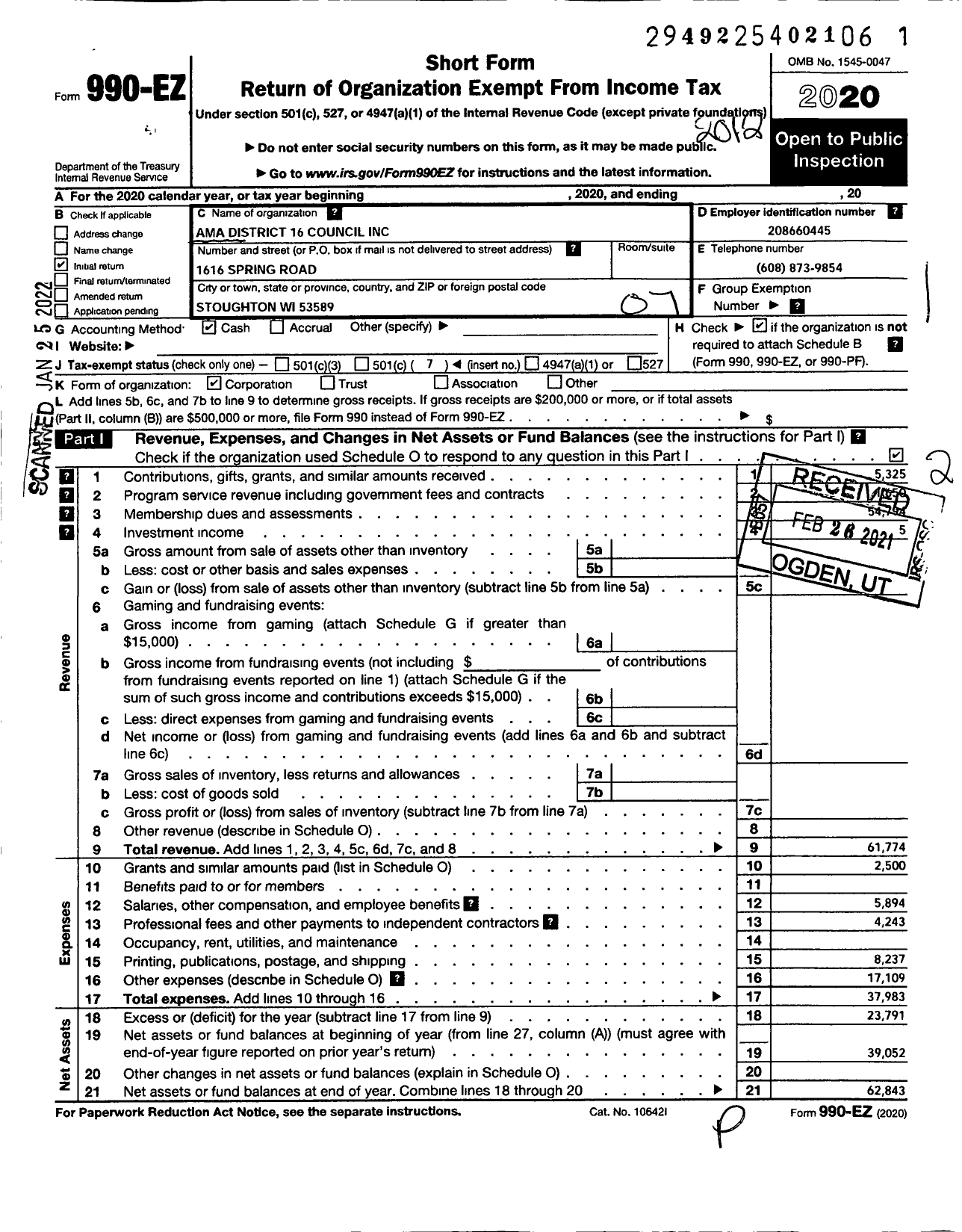 Image of first page of 2020 Form 990EO for Ama District 16 Council