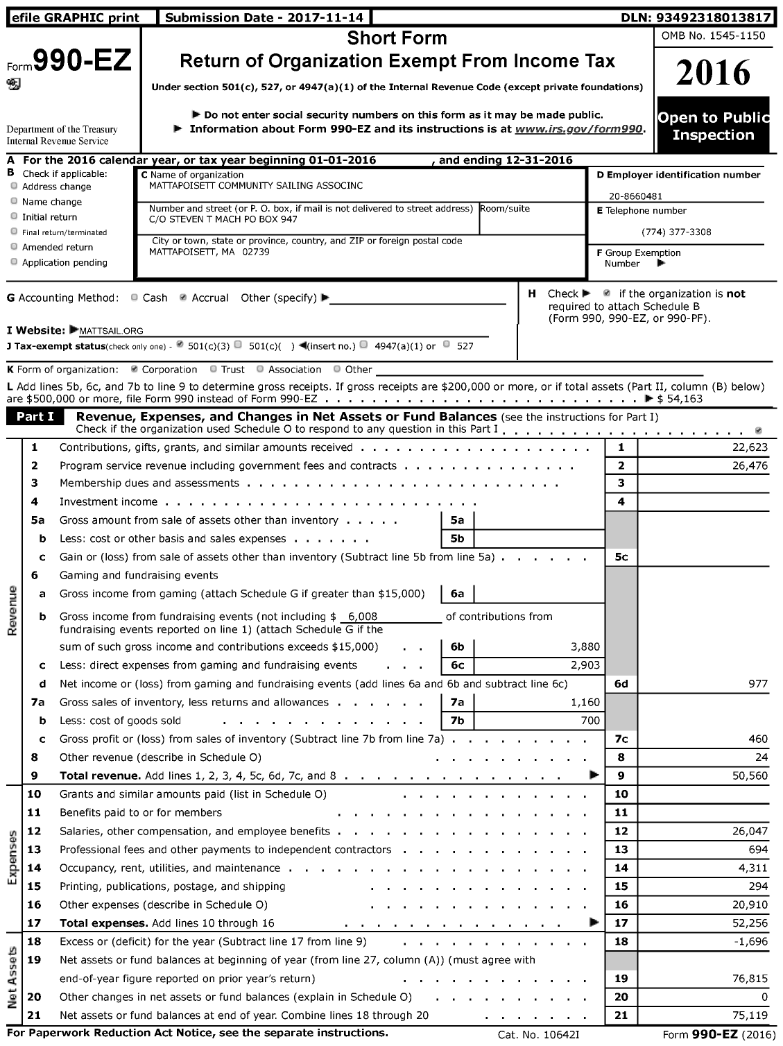 Image of first page of 2016 Form 990EZ for Mattapoisett Community Sailing Association