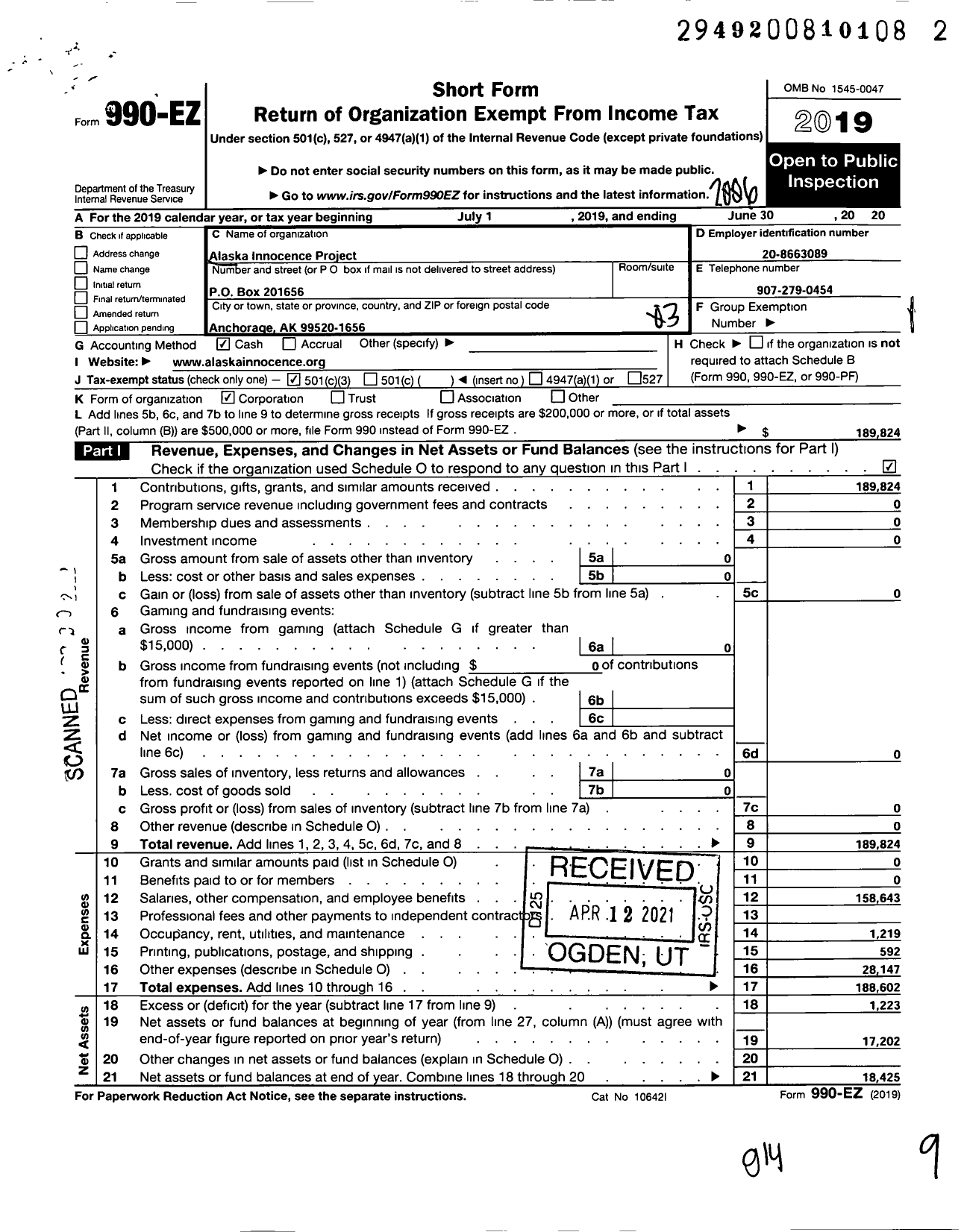 Image of first page of 2019 Form 990EZ for Alaska Innocence Project