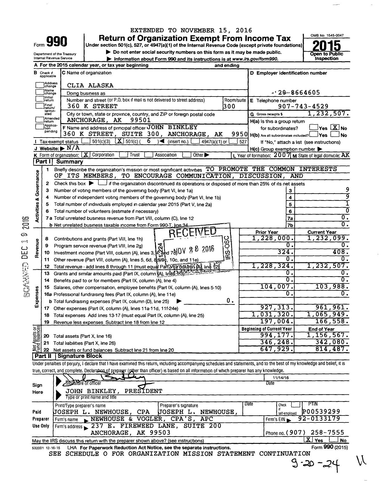Image of first page of 2015 Form 990O for CLIA Alaska