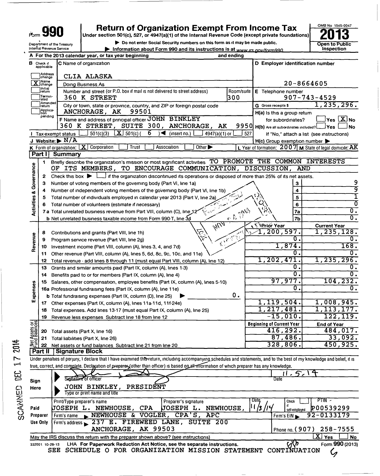Image of first page of 2013 Form 990O for CLIA Alaska