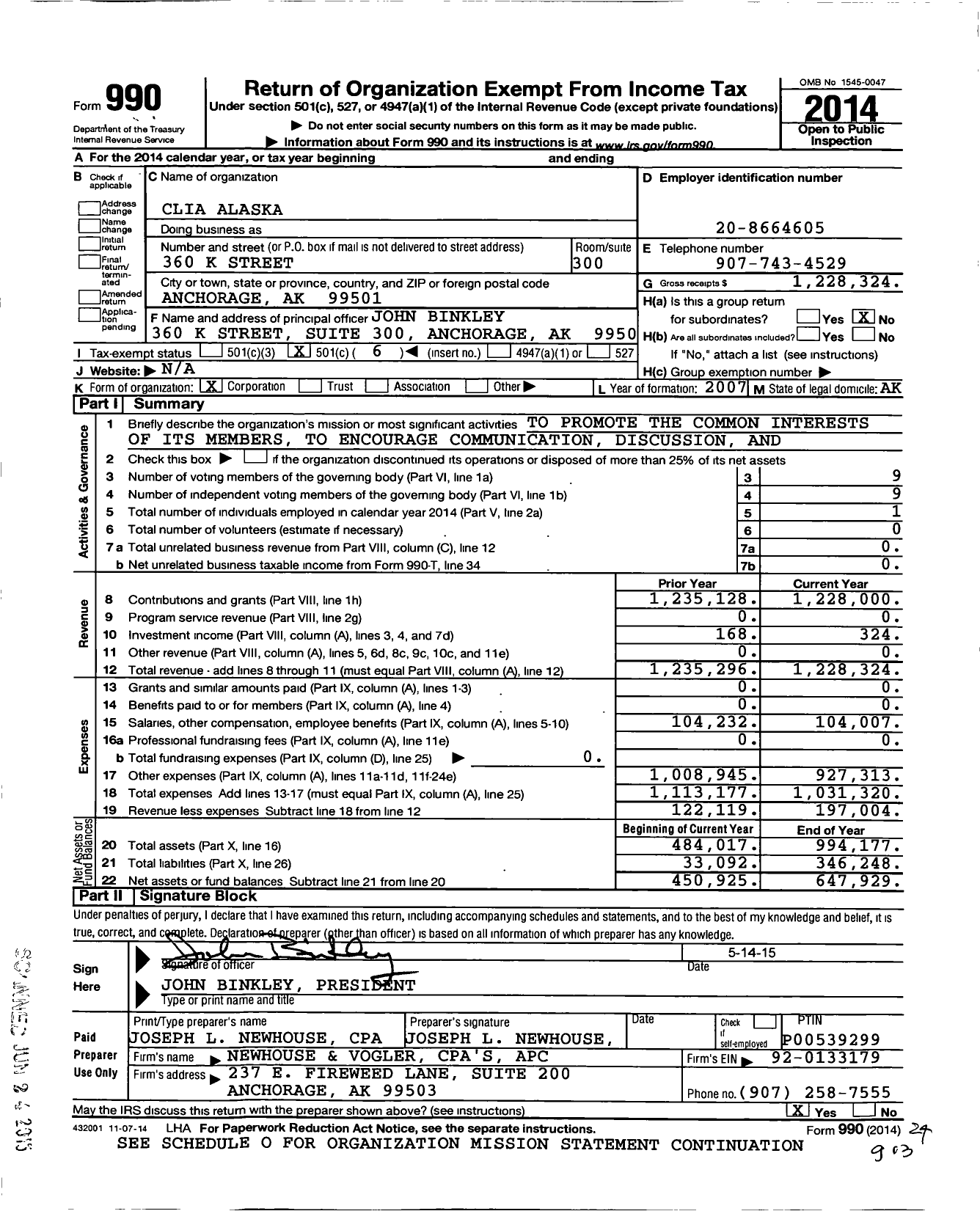 Image of first page of 2014 Form 990O for CLIA Alaska
