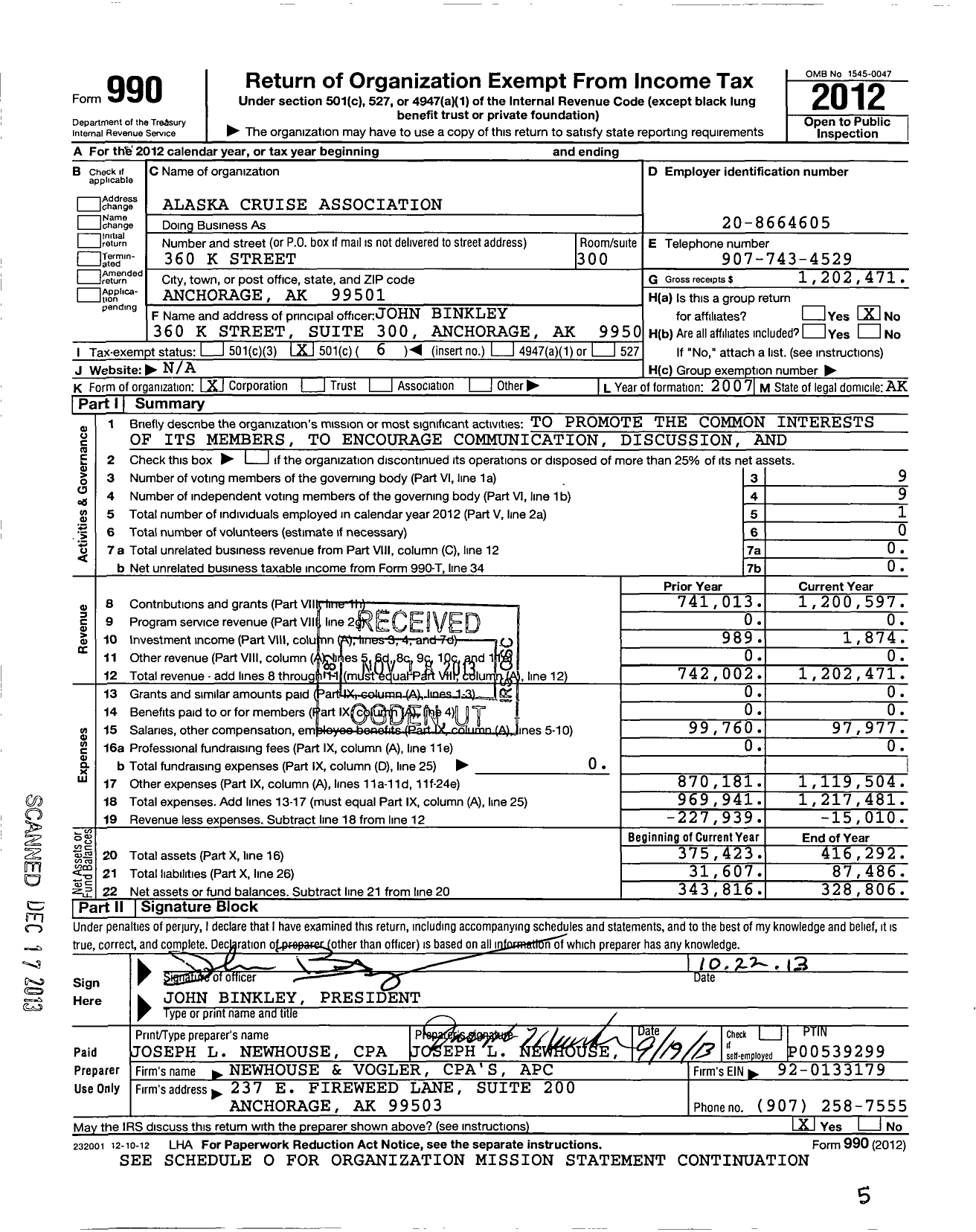 Image of first page of 2012 Form 990O for CLIA Alaska
