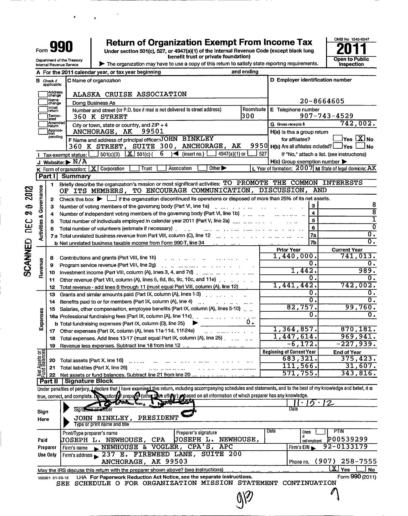 Image of first page of 2011 Form 990O for CLIA Alaska