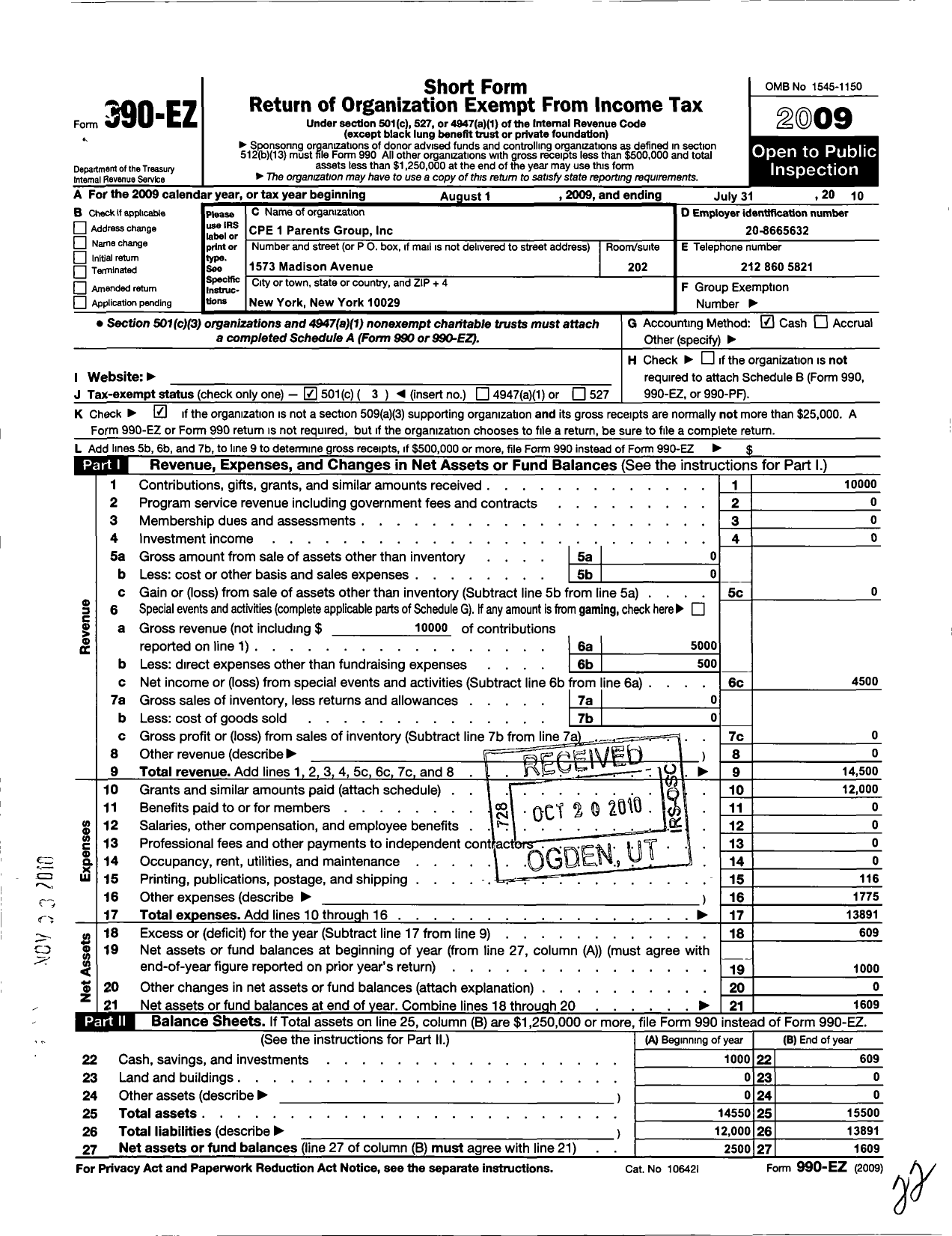 Image of first page of 2009 Form 990EZ for Friends of Central Park East 1