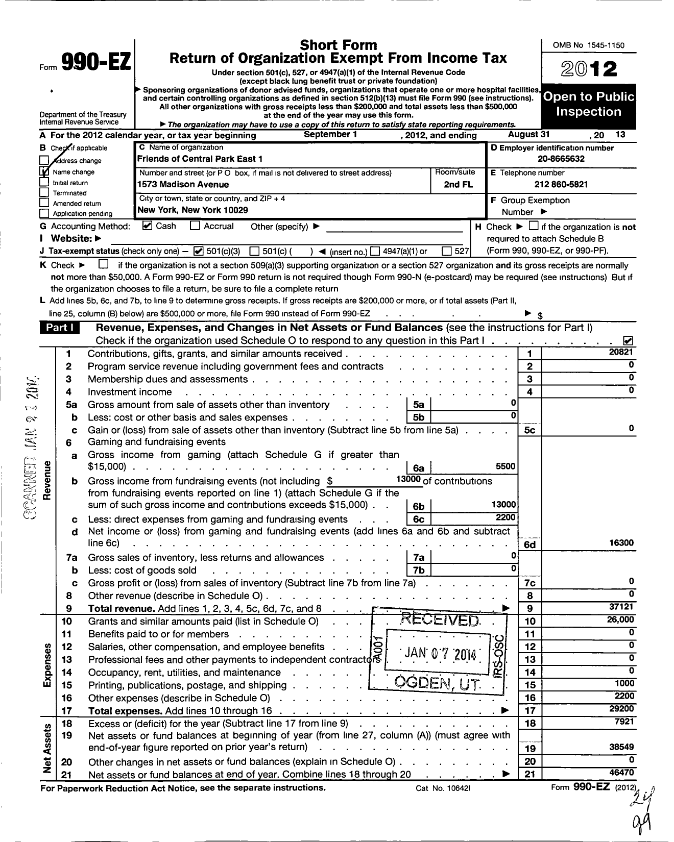 Image of first page of 2012 Form 990EZ for Friends of Central Park East 1