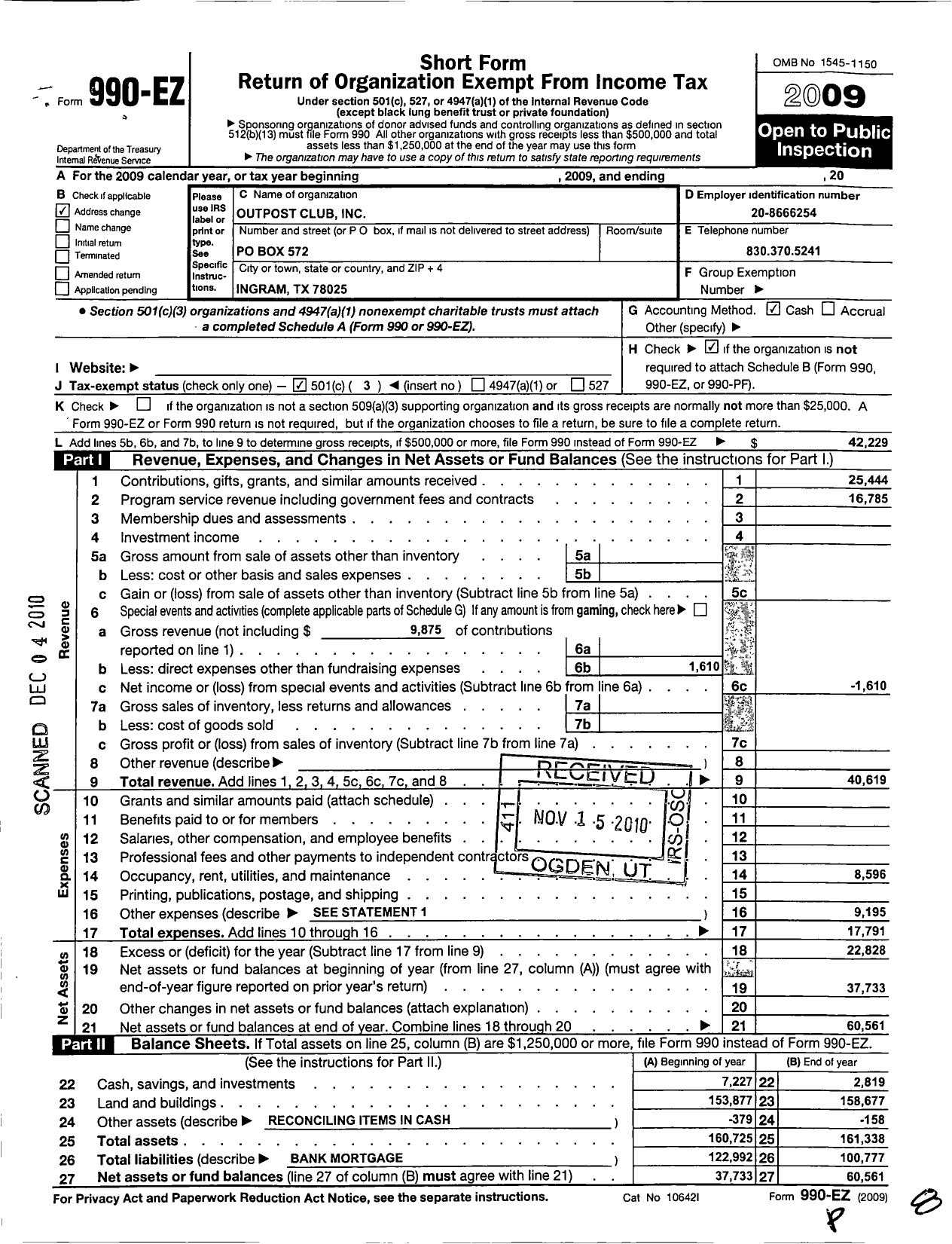 Image of first page of 2009 Form 990EZ for Outpost Club