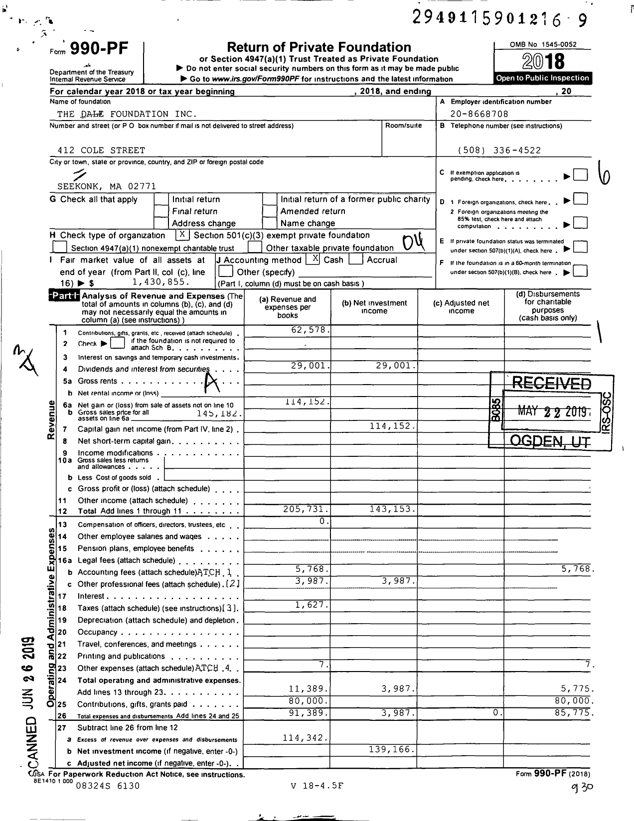 Image of first page of 2018 Form 990PF for The Dale Foundation