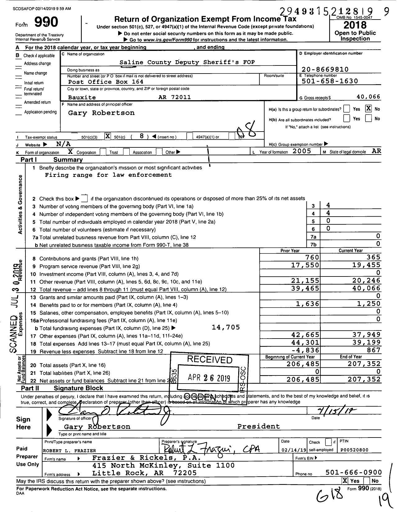 Image of first page of 2018 Form 990O for Fraternal Order of Police - 73 Saline County Lodge