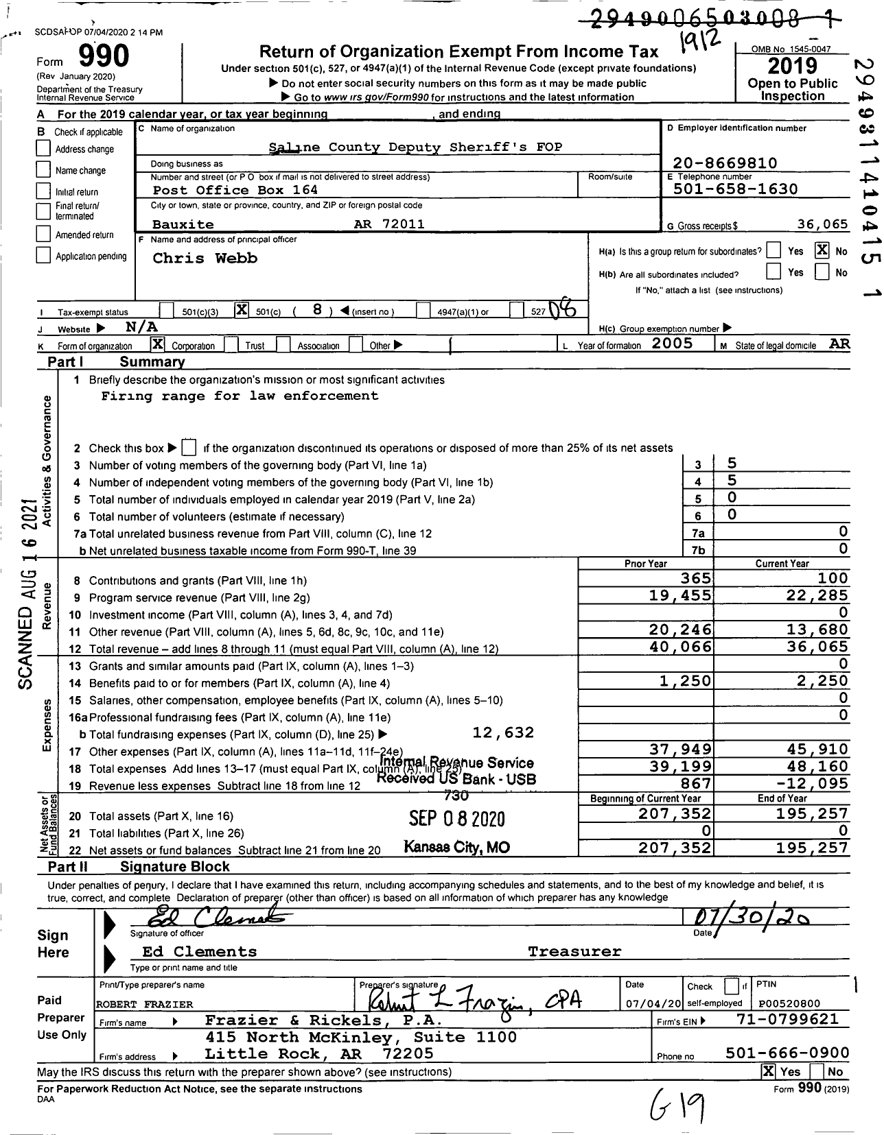 Image of first page of 2019 Form 990O for Fraternal Order of Police - 73 Saline County Lodge