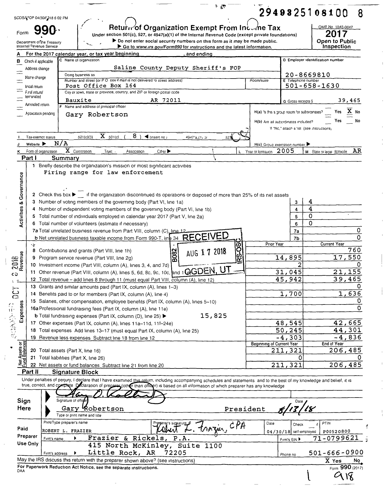 Image of first page of 2017 Form 990O for Fraternal Order of Police - 73 Saline County Lodge