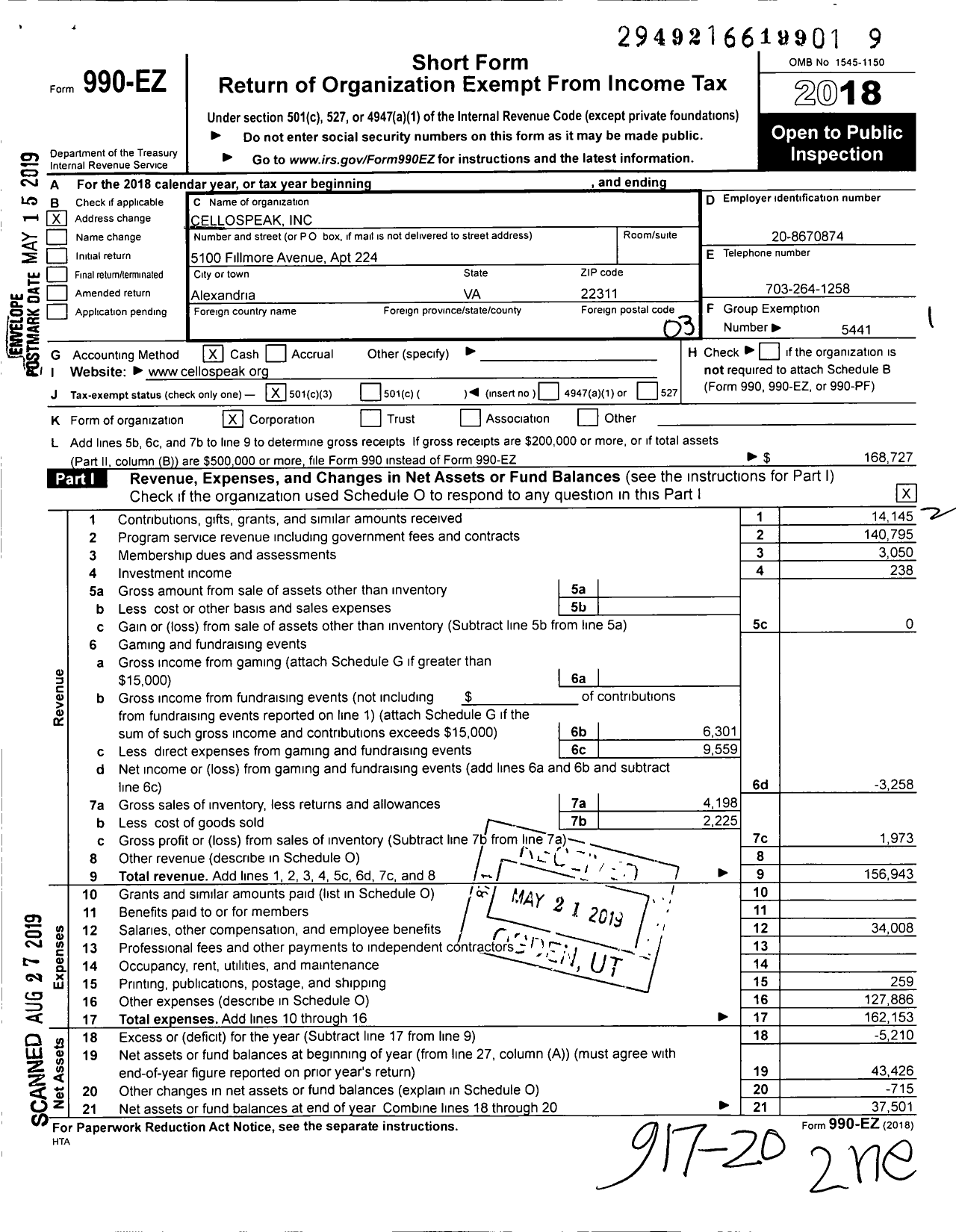 Image of first page of 2018 Form 990EZ for Cellospeak