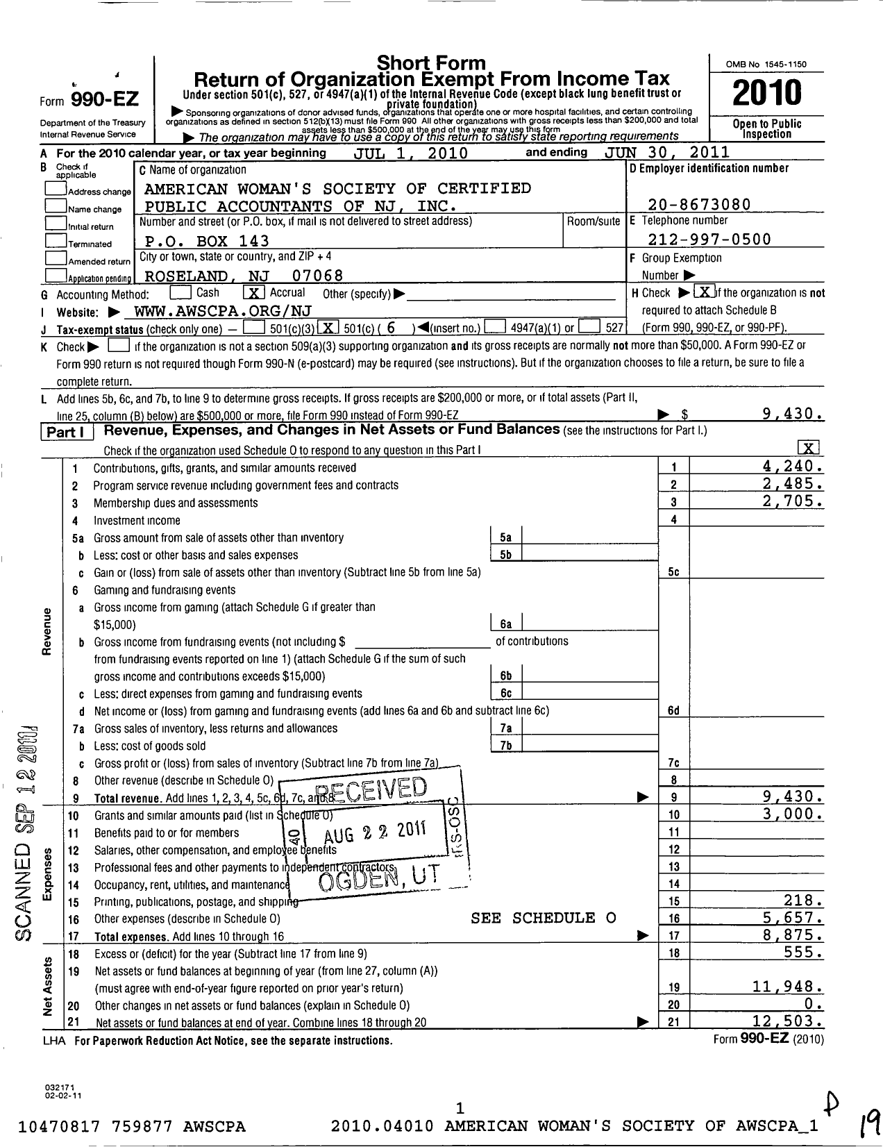 Image of first page of 2010 Form 990EO for American Womens Society of Certified Public Accountants of Ne