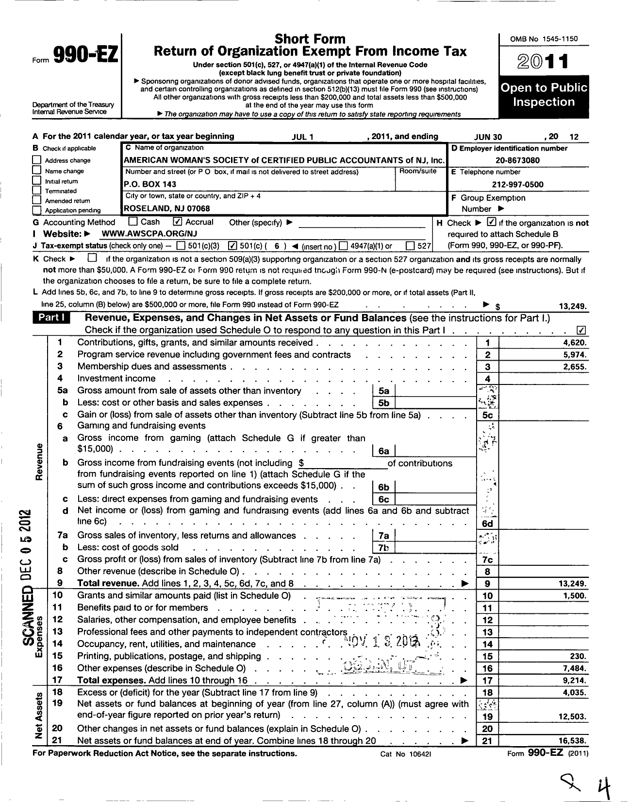 Image of first page of 2011 Form 990EO for American Womens Society of Certified Public Accountants of Ne